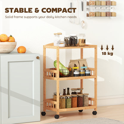 3-Tier Rolling Kitchen Cart — Bamboo Serving Trolley with Storage Shelves on Wheels, All-Purpose Rolling Cart for Kitchen, Bathroom, Office & Living Room, Natural Wood