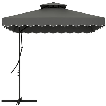 Sun Umbrella, 243 x 243 cm Balcony Umbrella with UV Protection, Cantilever Umbrella with Double Canopy, Cross Base, Patio Umbrella with Ruffles, 4 Struts, for Garden, Metal, Dark Gray
