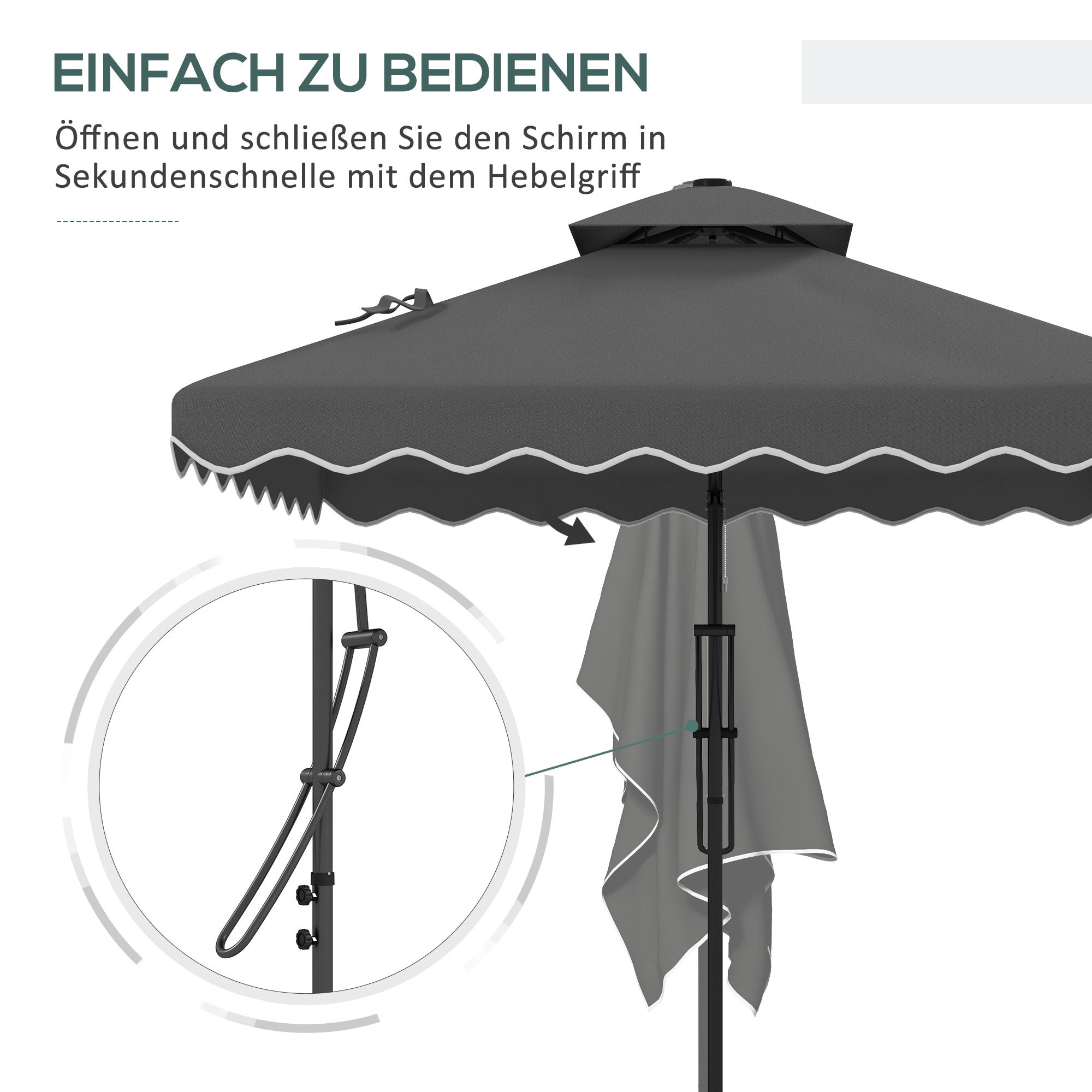Sun Umbrella, 243 x 243 cm Balcony Umbrella with UV Protection, Cantilever Umbrella with Double Canopy, Cross Base, Patio Umbrella with Ruffles, 4 Struts, for Garden, Metal, Dark Gray