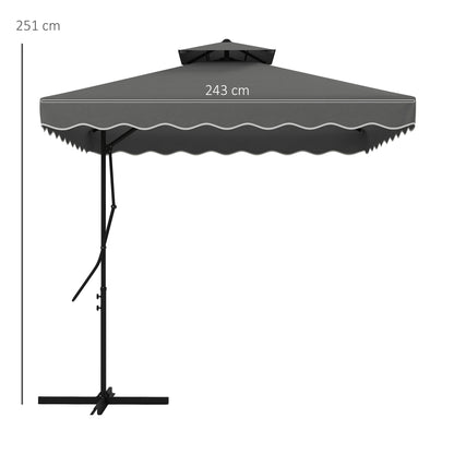 Sun Umbrella, 243 x 243 cm Balcony Umbrella with UV Protection, Cantilever Umbrella with Double Canopy, Cross Base, Patio Umbrella with Ruffles, 4 Struts, for Garden, Metal, Dark Gray