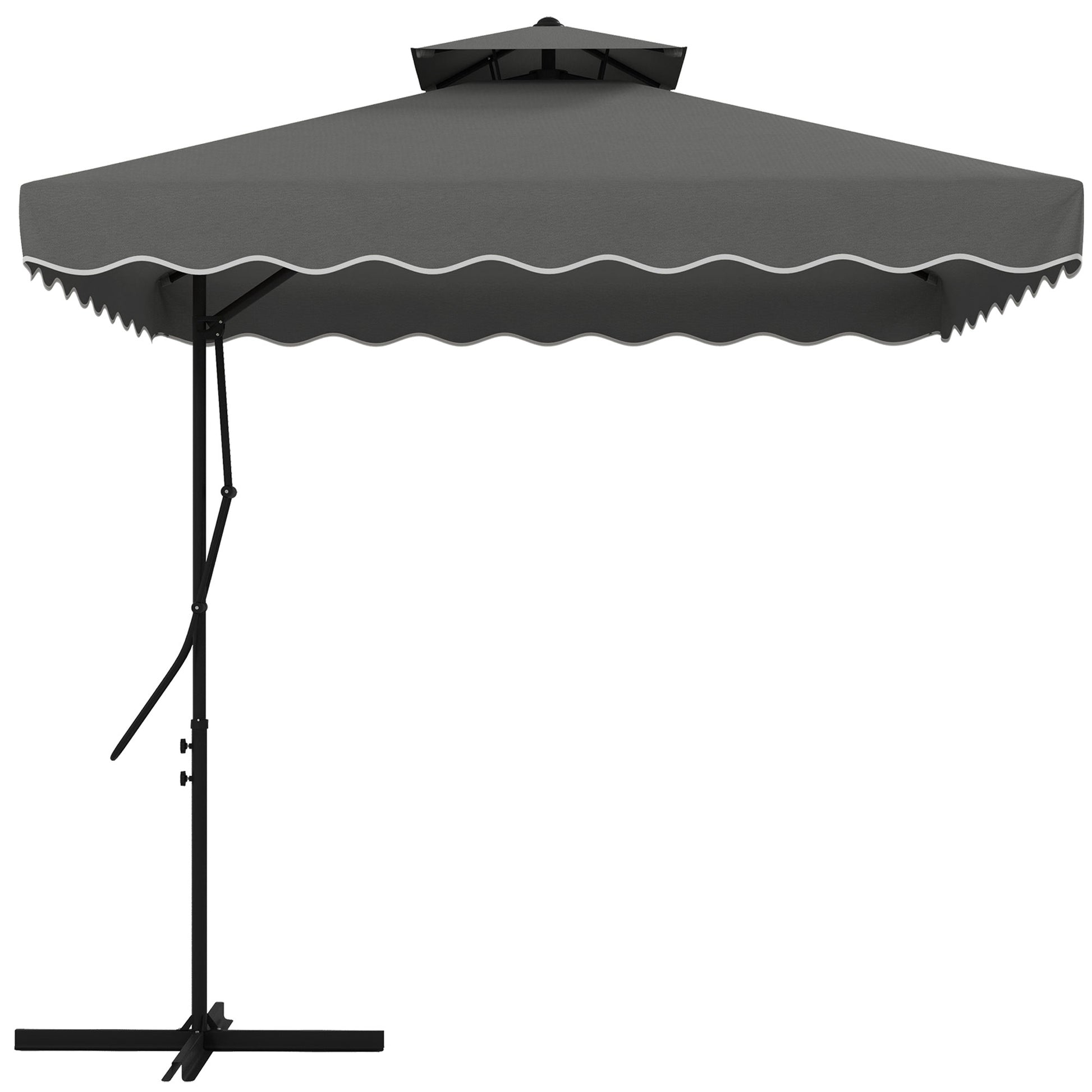 Sun Umbrella, 243 x 243 cm Balcony Umbrella with UV Protection, Cantilever Umbrella with Double Canopy, Cross Base, Patio Umbrella with Ruffles, 4 Struts, for Garden, Metal, Dark Gray