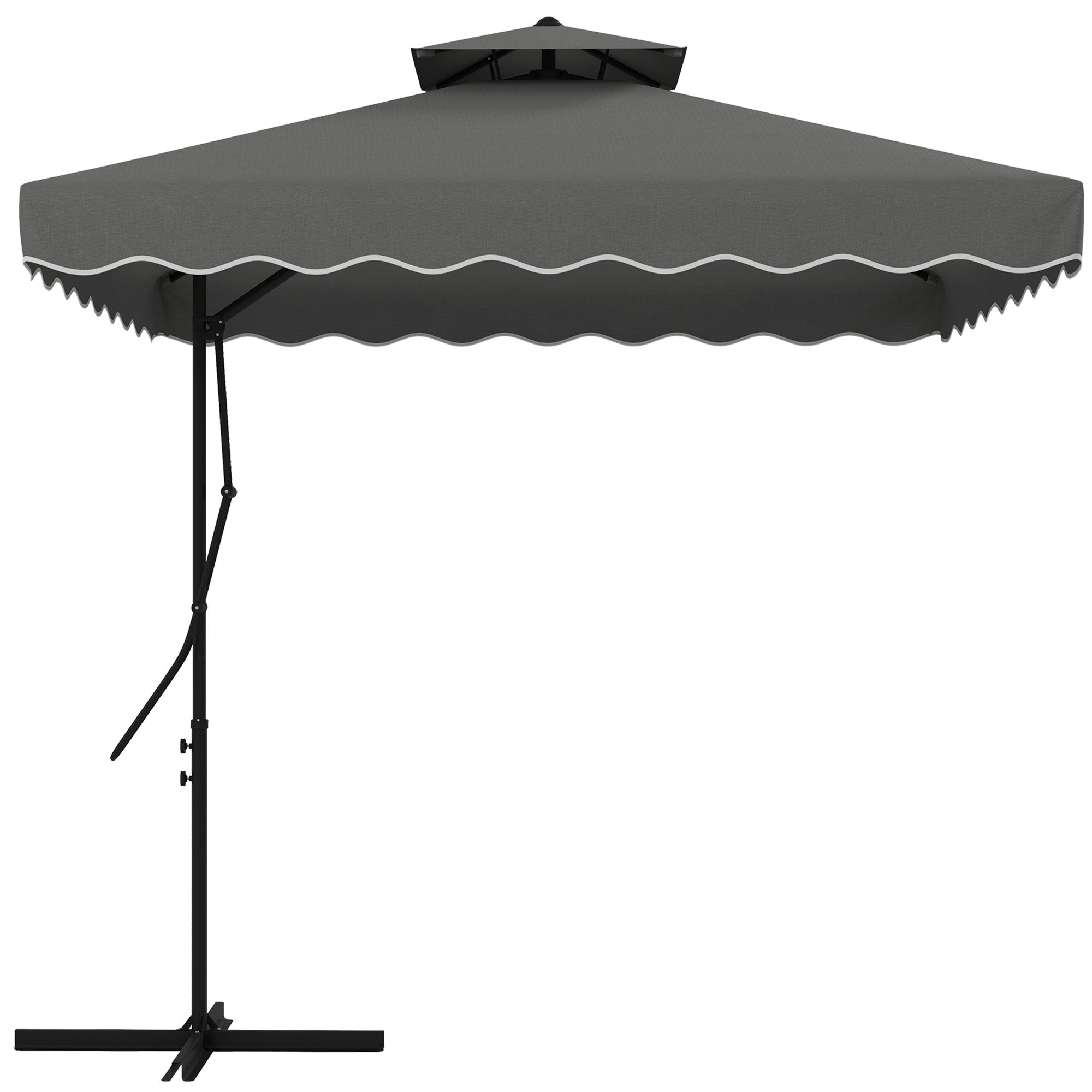 Sun Umbrella, 243 x 243 cm Balcony Umbrella with UV Protection, Cantilever Umbrella with Double Canopy, Cross Base, Patio Umbrella with Ruffles, 4 Struts, for Garden, Metal, Dark Gray