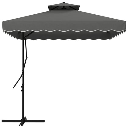 Sun Umbrella, 243 x 243 cm Balcony Umbrella with UV Protection, Cantilever Umbrella with Double Canopy, Cross Base, Patio Umbrella with Ruffles, 4 Struts, for Garden, Metal, Dark Gray