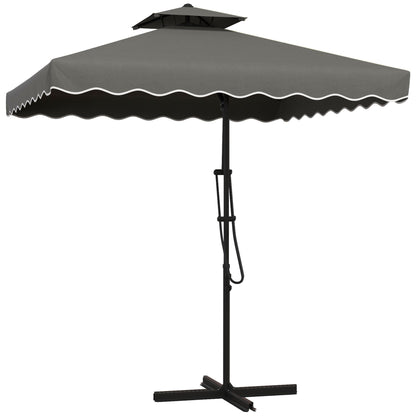 Sun Umbrella, 243 x 243 cm Balcony Umbrella with UV Protection, Cantilever Umbrella with Double Canopy, Cross Base, Patio Umbrella with Ruffles, 4 Struts, for Garden, Metal, Dark Gray