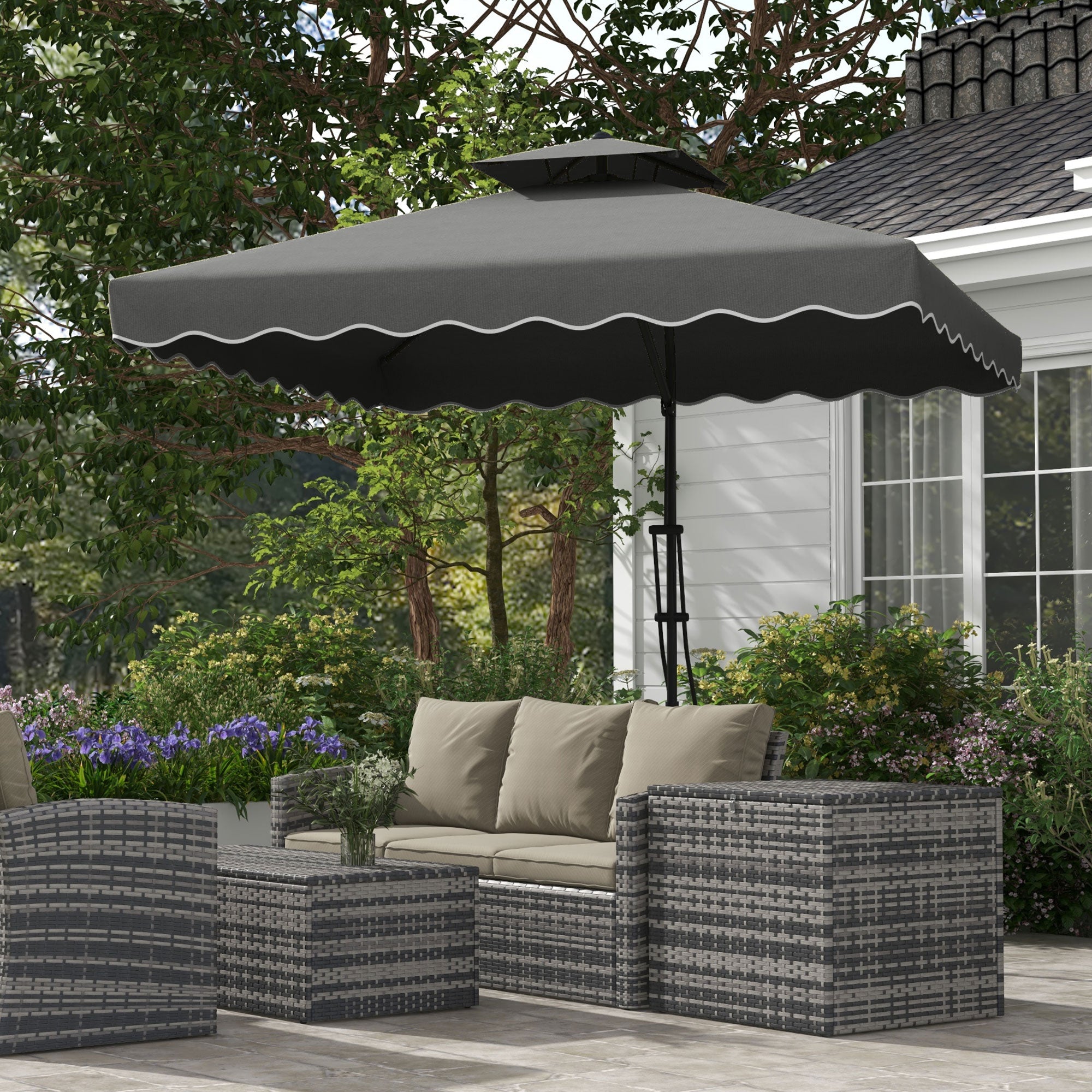 Sun Umbrella, 243 x 243 cm Balcony Umbrella with UV Protection, Cantilever Umbrella with Double Canopy, Cross Base, Patio Umbrella with Ruffles, 4 Struts, for Garden, Metal, Dark Gray
