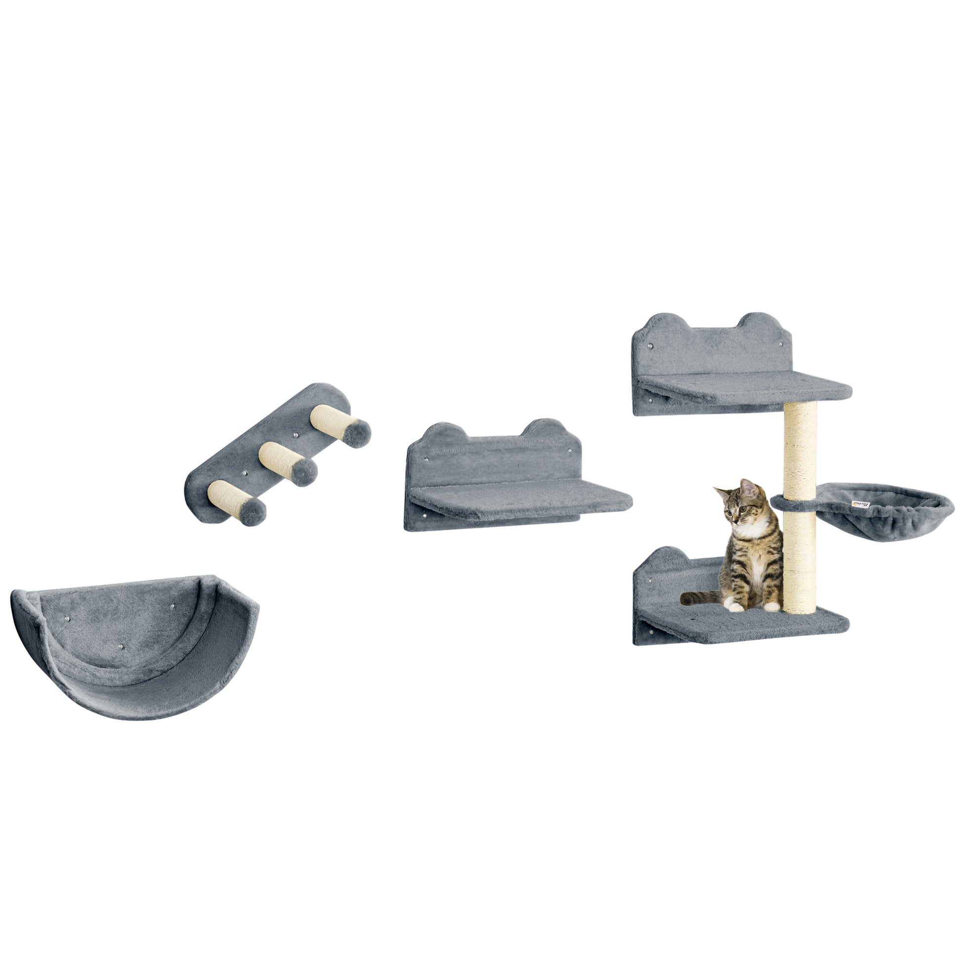 Cat Climbing Wall 4-piece Cat Climbing Wall Set with Cat Stairs, Cat Bridge, Hammock, Cat Tree with Jumping Platform, Wall-Mounted Cat Tree, Wall Cat Furniture up to 5 kg, Gray