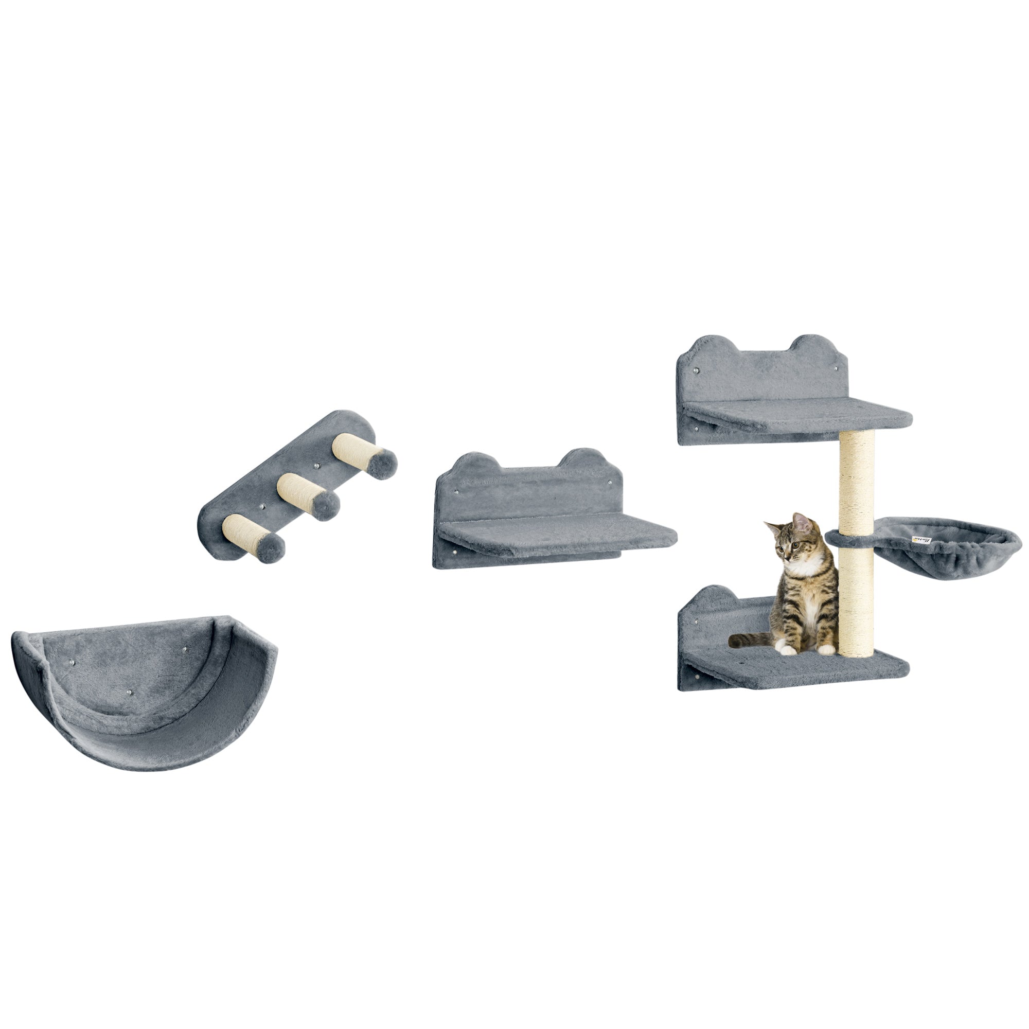 Cat Climbing Wall 4-piece Cat Climbing Wall Set with Cat Stairs, Cat Bridge, Hammock, Cat Tree with Jumping Platform, Wall-Mounted Cat Tree, Wall Cat Furniture up to 5 kg, Gray
