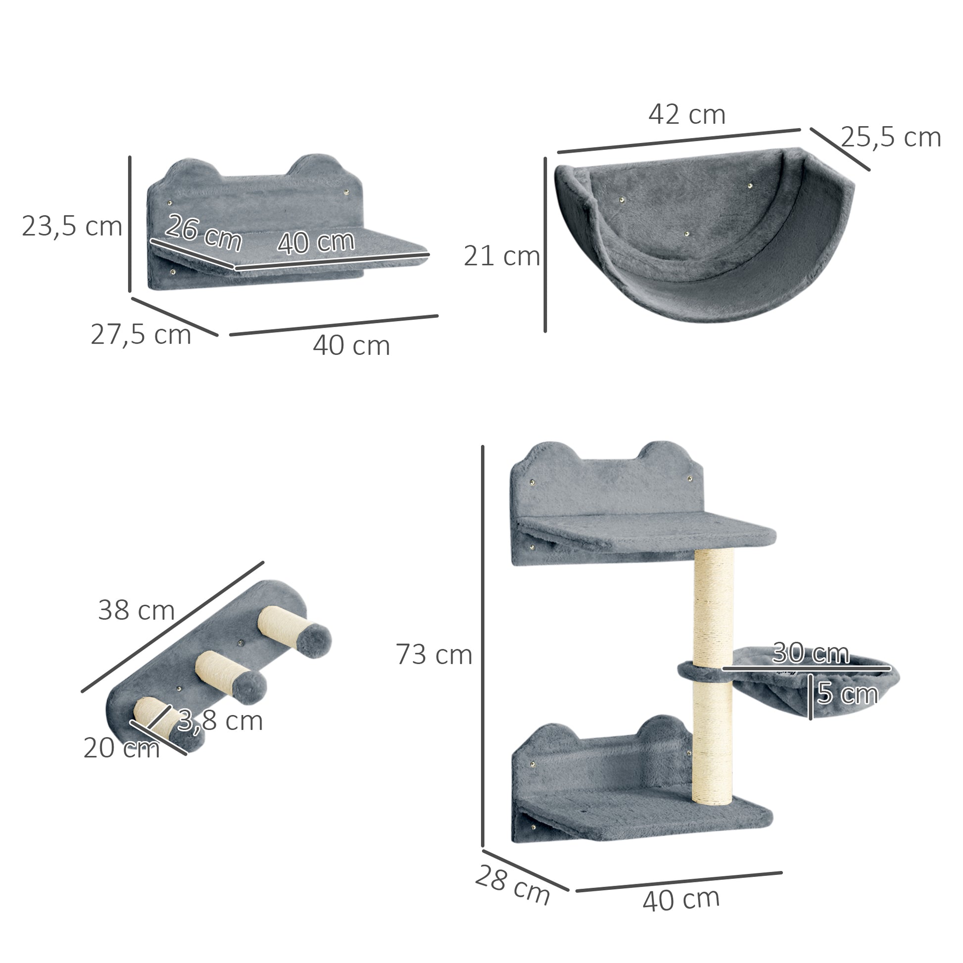 Cat Climbing Wall 4-piece Cat Climbing Wall Set with Cat Stairs, Cat Bridge, Hammock, Cat Tree with Jumping Platform, Wall-Mounted Cat Tree, Wall Cat Furniture up to 5 kg, Gray