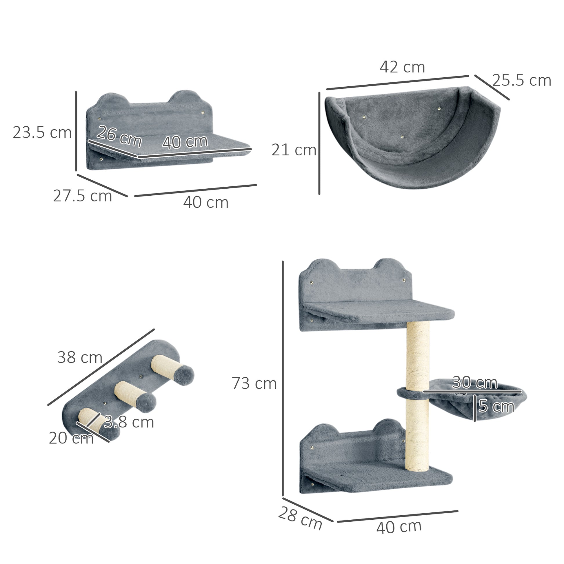 Cat Climbing Wall 4-piece Cat Climbing Wall Set with Cat Stairs, Cat Bridge, Hammock, Cat Tree with Jumping Platform, Wall-Mounted Cat Tree, Wall Cat Furniture up to 5 kg, Gray