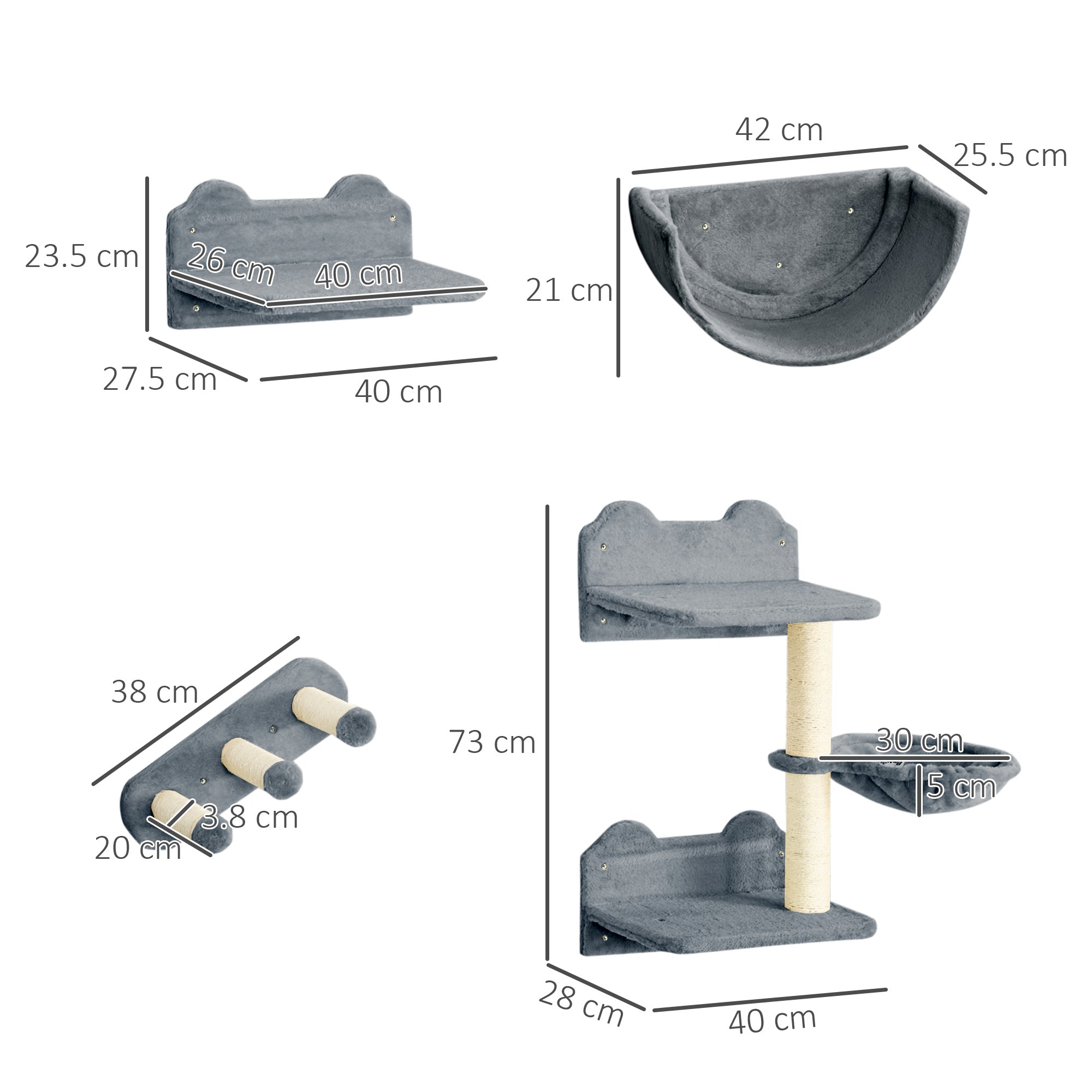 Cat Climbing Wall 4-piece Cat Climbing Wall Set with Cat Stairs, Cat Bridge, Hammock, Cat Tree with Jumping Platform, Wall-Mounted Cat Tree, Wall Cat Furniture up to 5 kg, Gray