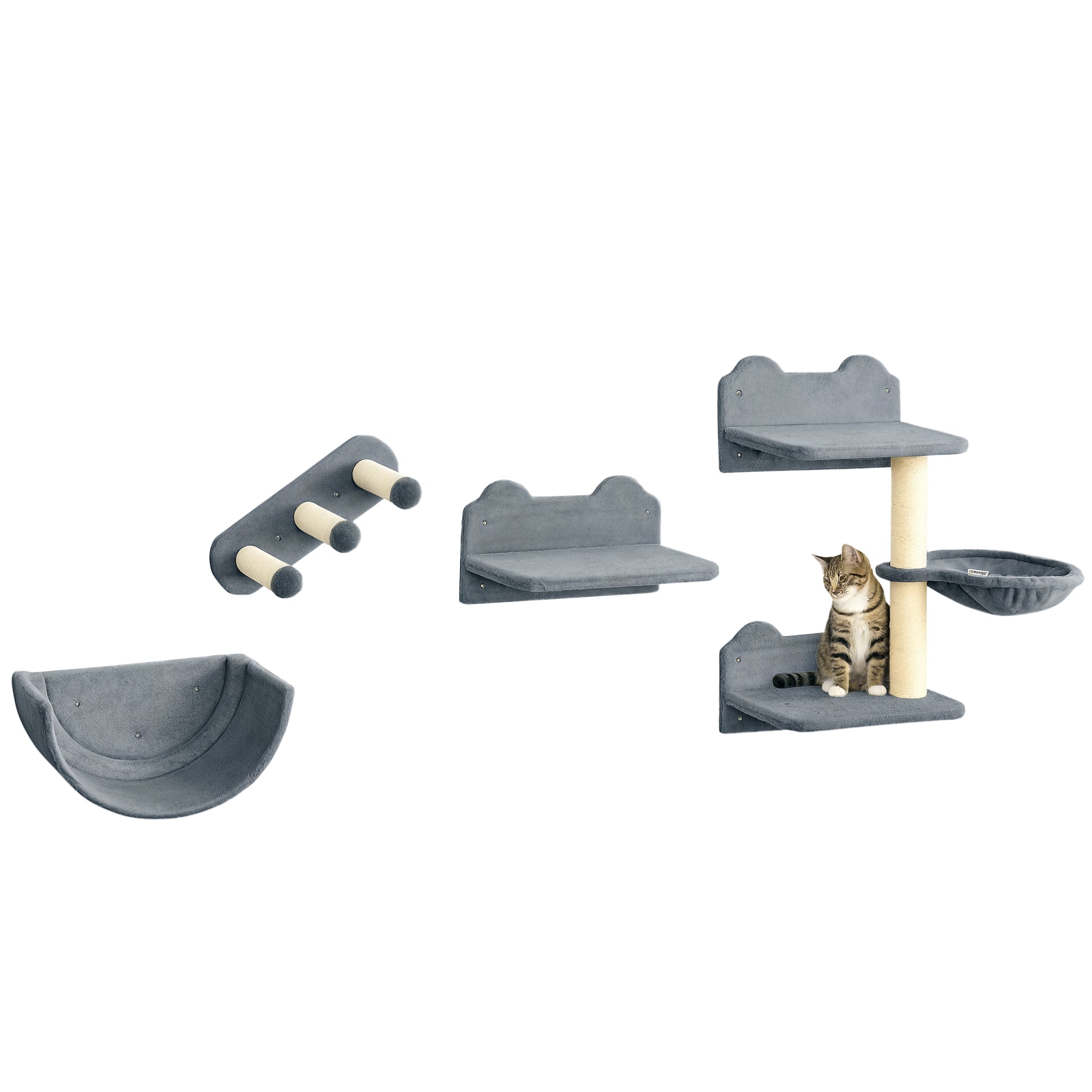 Cat Climbing Wall 4-piece Cat Climbing Wall Set with Cat Stairs, Cat Bridge, Hammock, Cat Tree with Jumping Platform, Wall-Mounted Cat Tree, Wall Cat Furniture up to 5 kg, Gray