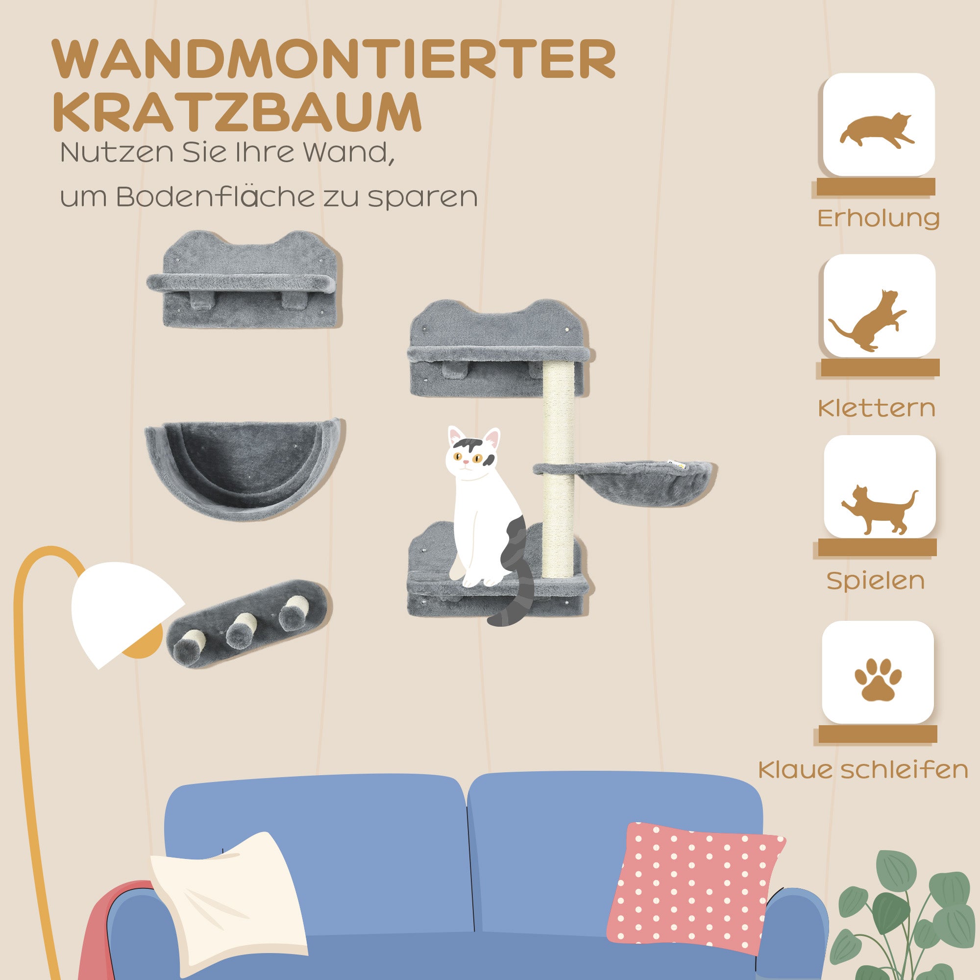 Cat Climbing Wall 4-piece Cat Climbing Wall Set with Cat Stairs, Cat Bridge, Hammock, Cat Tree with Jumping Platform, Wall-Mounted Cat Tree, Wall Cat Furniture up to 5 kg, Gray