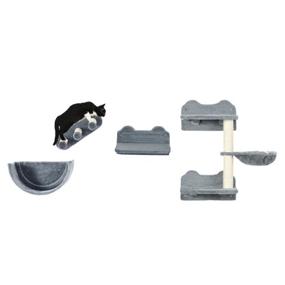 Cat Climbing Wall 4-piece Cat Climbing Wall Set with Cat Stairs, Cat Bridge, Hammock, Cat Tree with Jumping Platform, Wall-Mounted Cat Tree, Wall Cat Furniture up to 5 kg, Gray