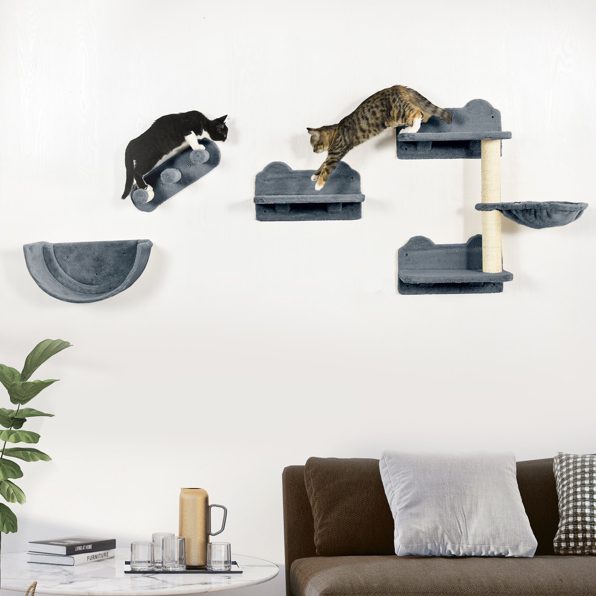 Cat Climbing Wall 4-piece Cat Climbing Wall Set with Cat Stairs, Cat Bridge, Hammock, Cat Tree with Jumping Platform, Wall-Mounted Cat Tree, Wall Cat Furniture up to 5 kg, Gray