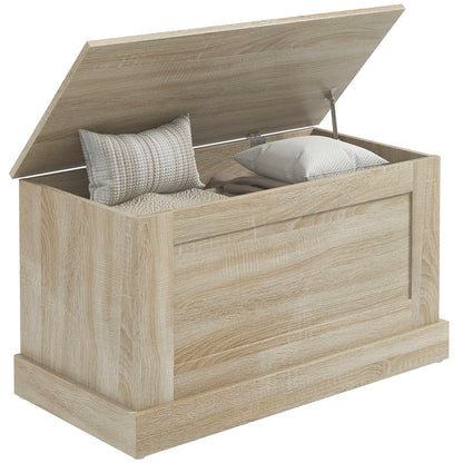Wooden Storage Trunk, Toy Chest, with Safety Hinge, for Living Room, Entryway, 80 x 40 x 45 cm, Natural Wood