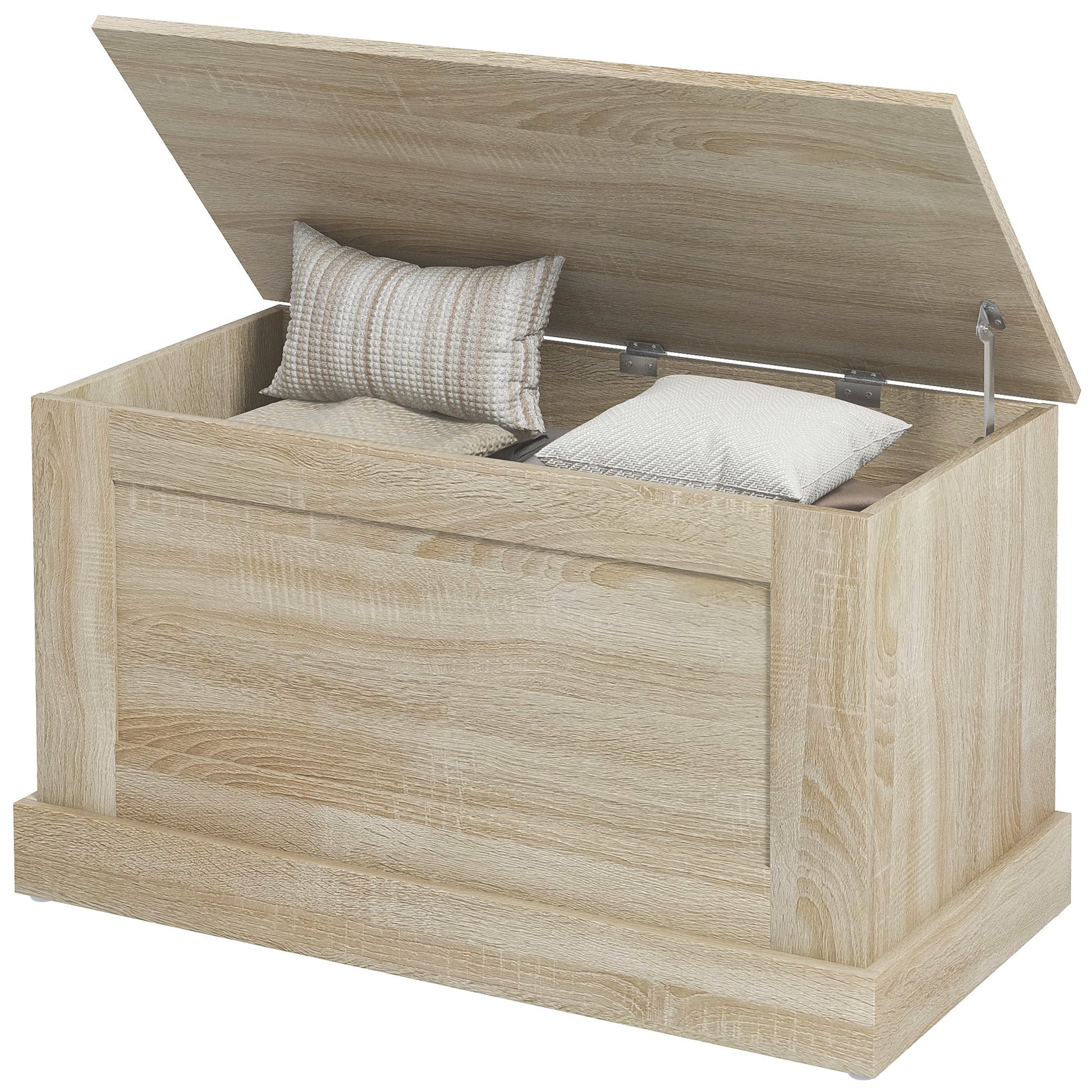Wooden Storage Trunk, Toy Chest, with Safety Hinge, for Living Room, Entryway, 80 x 40 x 45 cm, Natural Wood