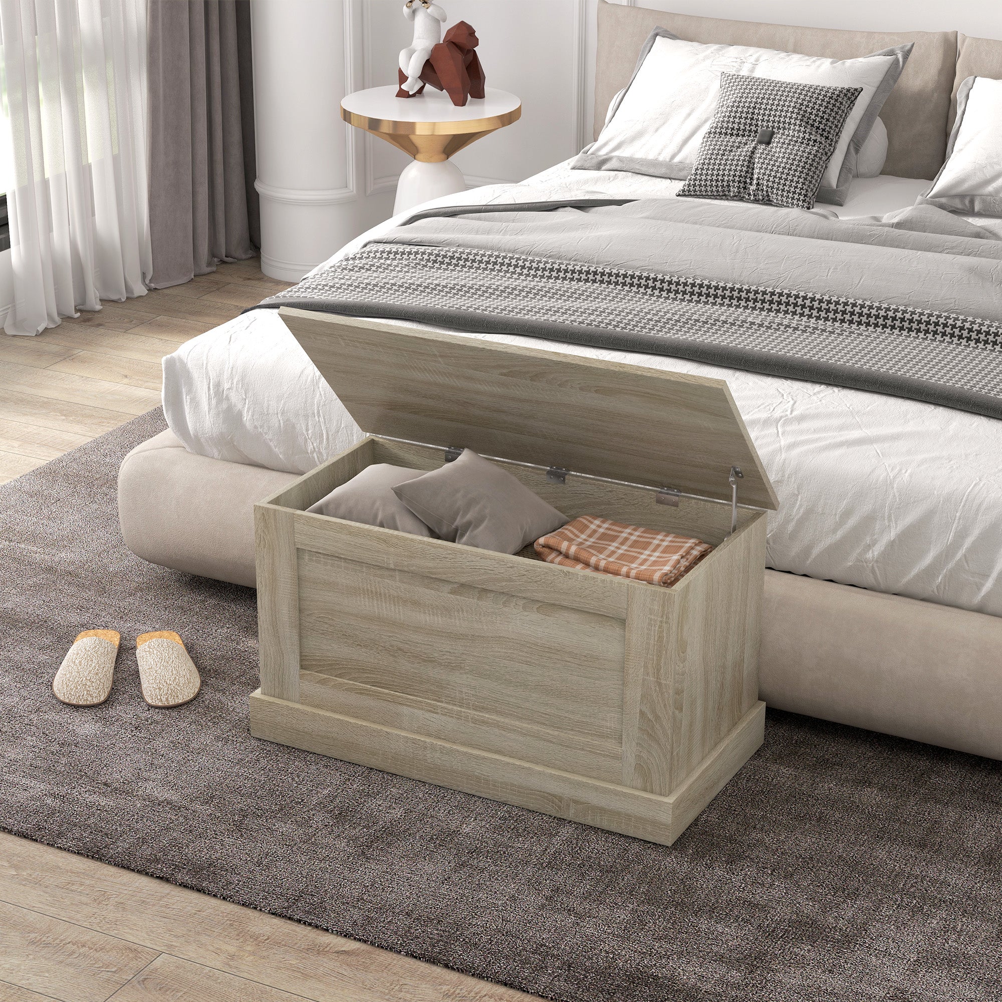 Wooden Storage Trunk, Toy Chest, with Safety Hinge, for Living Room, Entryway, 80 x 40 x 45 cm, Natural Wood