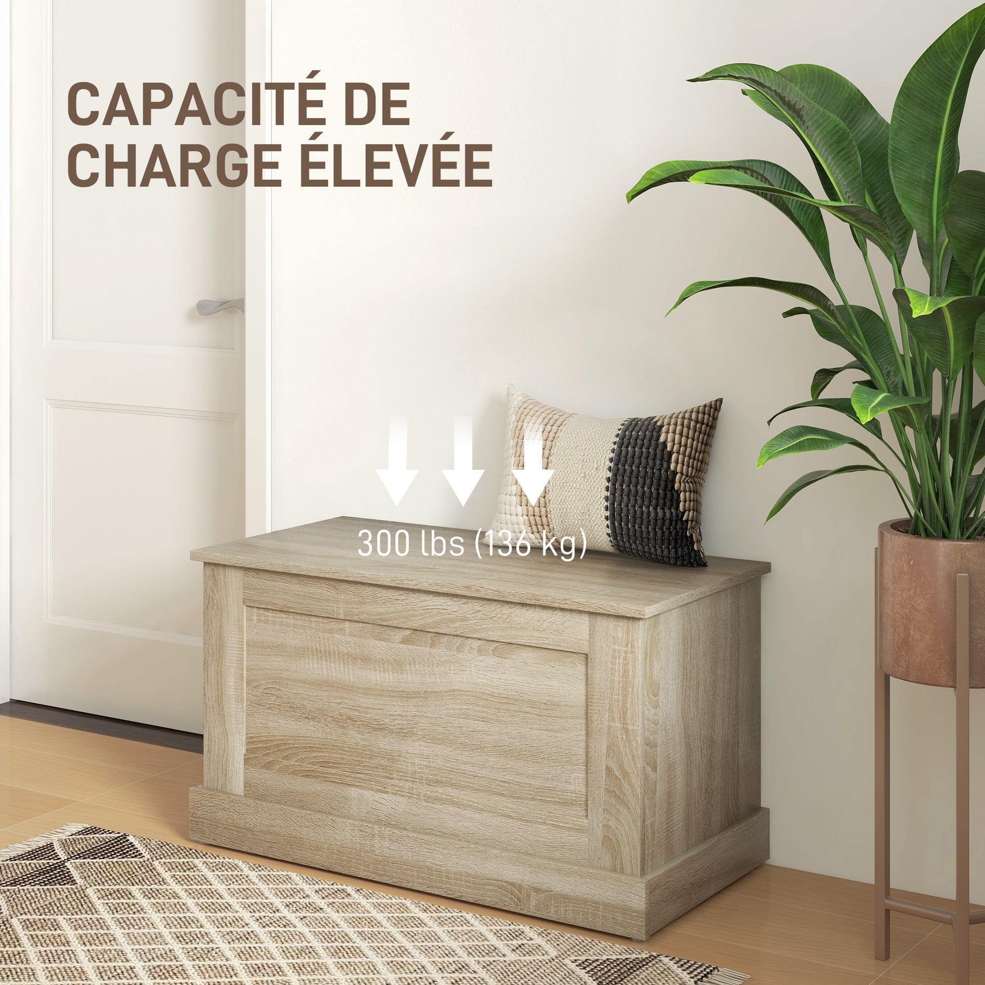 Wooden Storage Trunk, Toy Chest, with Safety Hinge, for Living Room, Entryway, 80 x 40 x 45 cm, Natural Wood