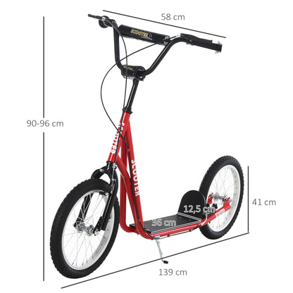Scooter Skateboard for Kids +5 Years and Teenagers with Adjustable Height Handlebar 2 Inflatable Rubber Tires with Double Brake and 16" Wheels Load 100 kg 139x58x90-96 cm Red