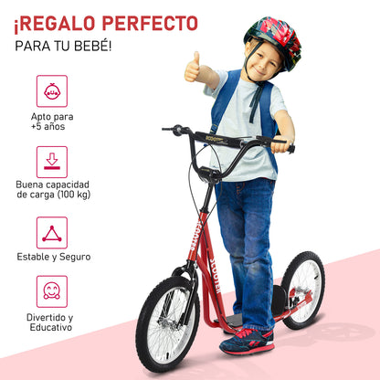 Scooter Skateboard for Kids +5 Years and Teenagers with Adjustable Height Handlebar 2 Inflatable Rubber Tires with Double Brake and 16" Wheels Load 100 kg 139x58x90-96 cm Red