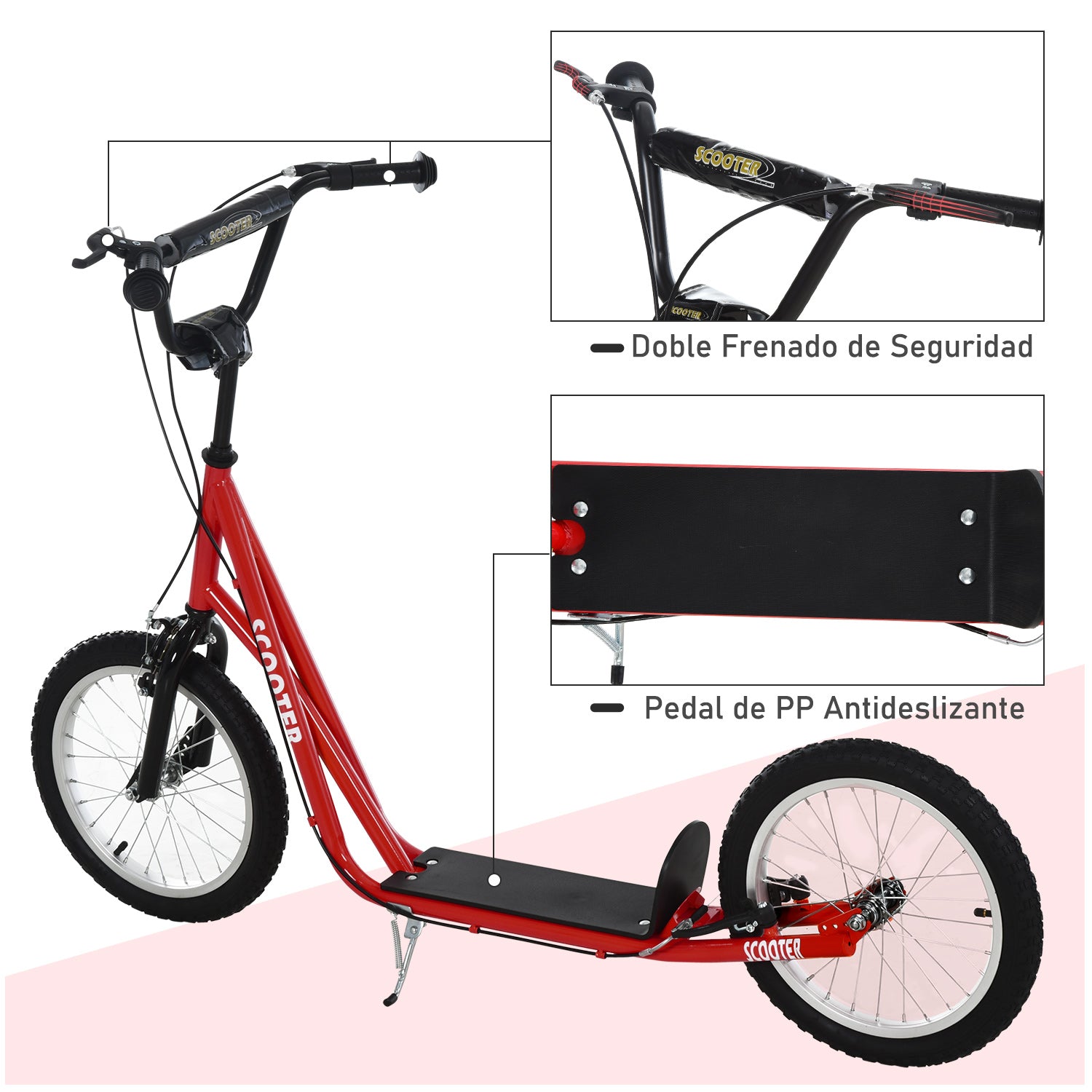 Scooter Skateboard for Kids +5 Years and Teenagers with Adjustable Height Handlebar 2 Inflatable Rubber Tires with Double Brake and 16" Wheels Load 100 kg 139x58x90-96 cm Red