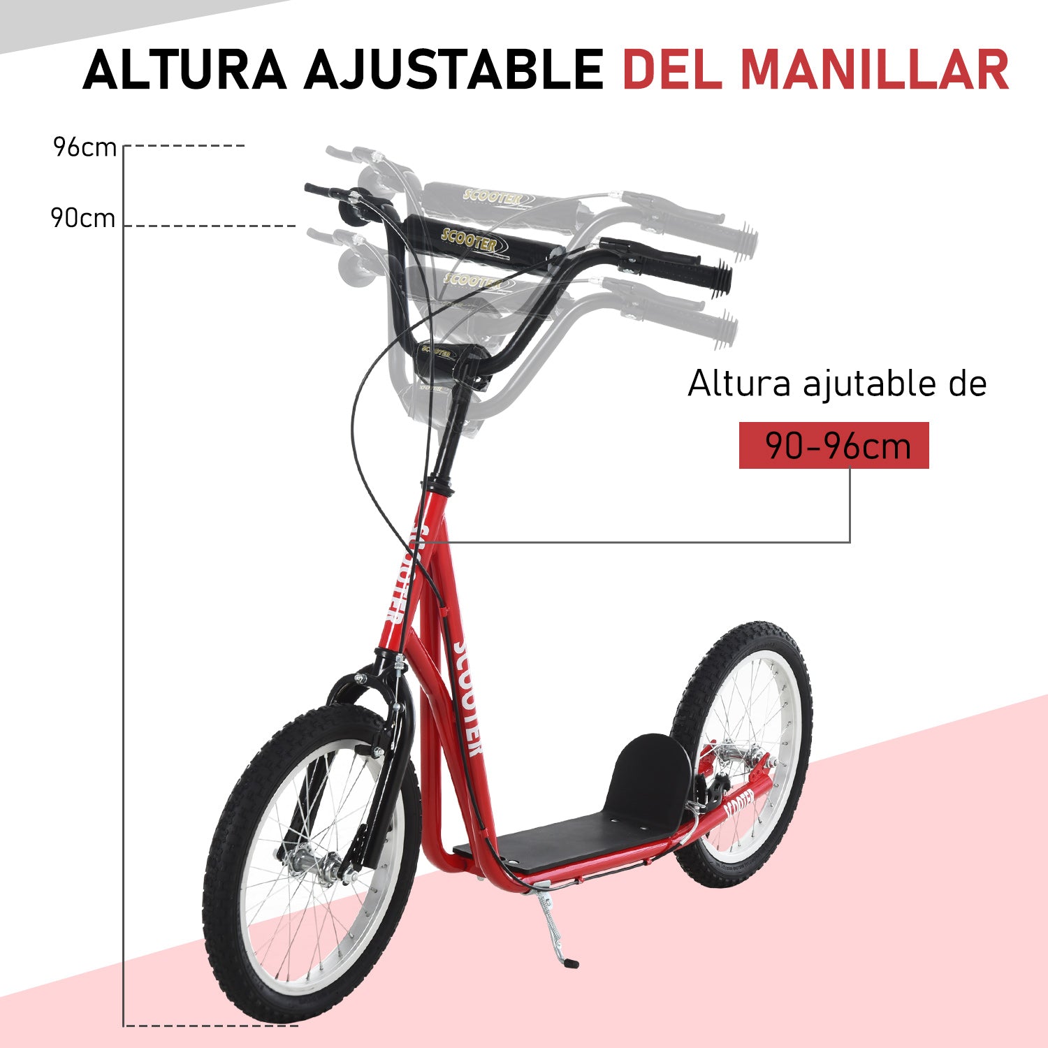 Scooter Skateboard for Kids +5 Years and Teenagers with Adjustable Height Handlebar 2 Inflatable Rubber Tires with Double Brake and 16" Wheels Load 100 kg 139x58x90-96 cm Red