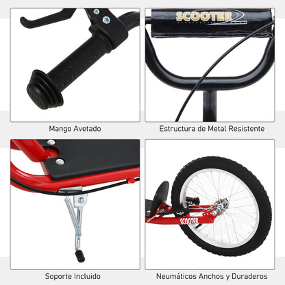 Scooter Skateboard for Kids +5 Years and Teenagers with Adjustable Height Handlebar 2 Inflatable Rubber Tires with Double Brake and 16" Wheels Load 100 kg 139x58x90-96 cm Red