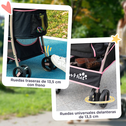 Foldable 3 in 1 Pet Stroller for Small Dogs with Removable Wagon Storage Basket Safety Straps and Cushion Load 15 kg Pink