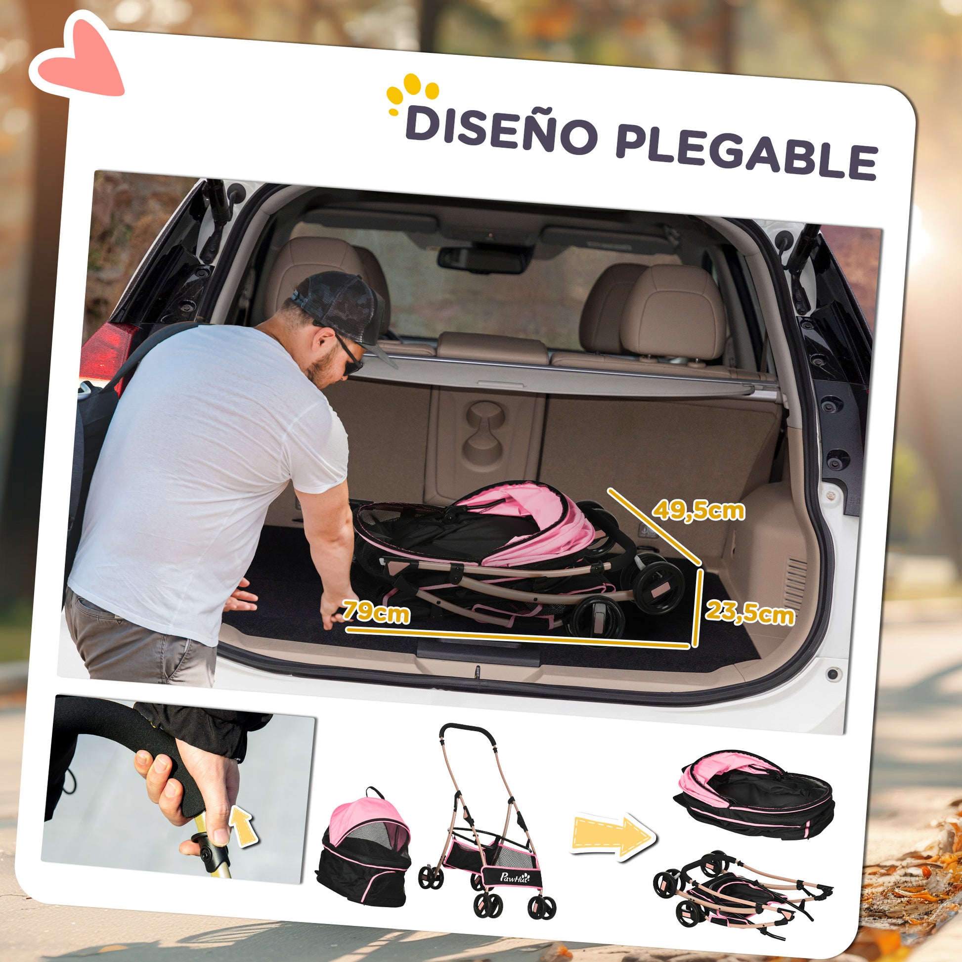Foldable 3 in 1 Pet Stroller for Small Dogs with Removable Wagon Storage Basket Safety Straps and Cushion Load 15 kg Pink