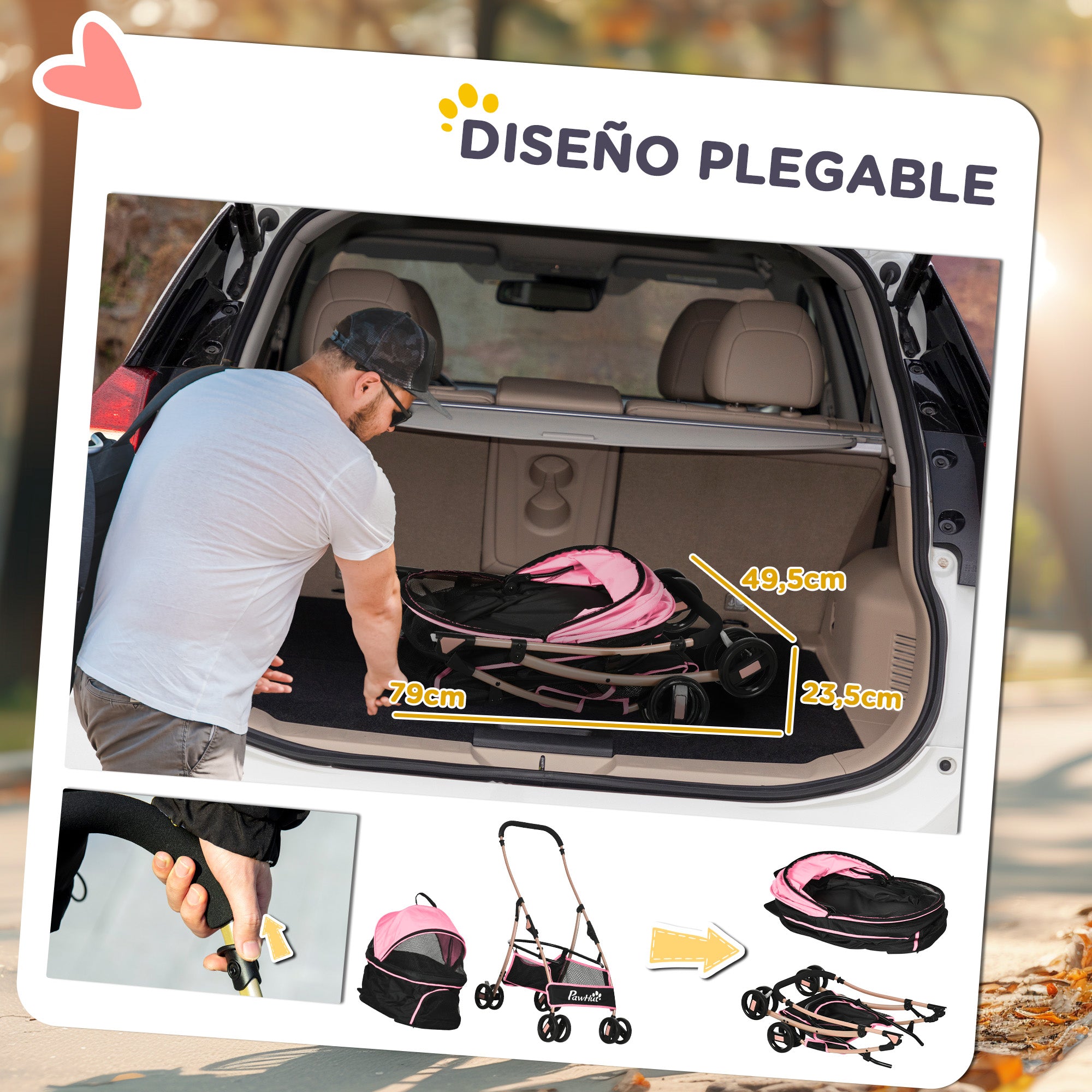 Foldable 3 in 1 Pet Stroller for Small Dogs with Removable Wagon Storage Basket Safety Straps and Cushion Load 15 kg Pink