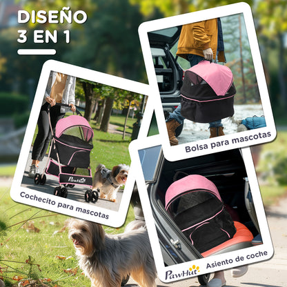Foldable 3 in 1 Pet Stroller for Small Dogs with Removable Wagon Storage Basket Safety Straps and Cushion Load 15 kg Pink