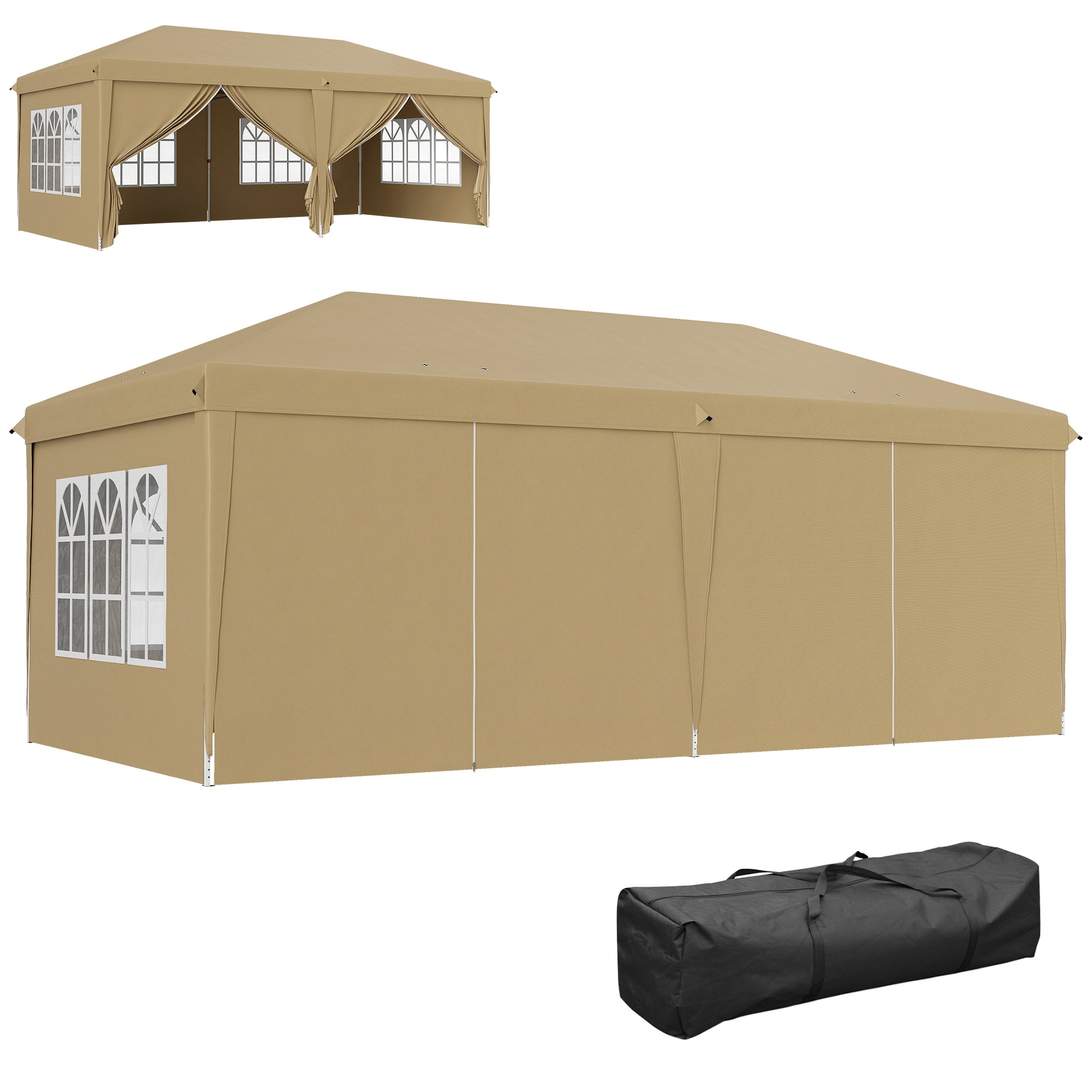 Folding Garden Gazebo 6 x 3m Outdoor Folding Canopy Pop-up Gazebo Waterproof 4 Removable Side Walls 4 Windows + Khaki Carry Bag