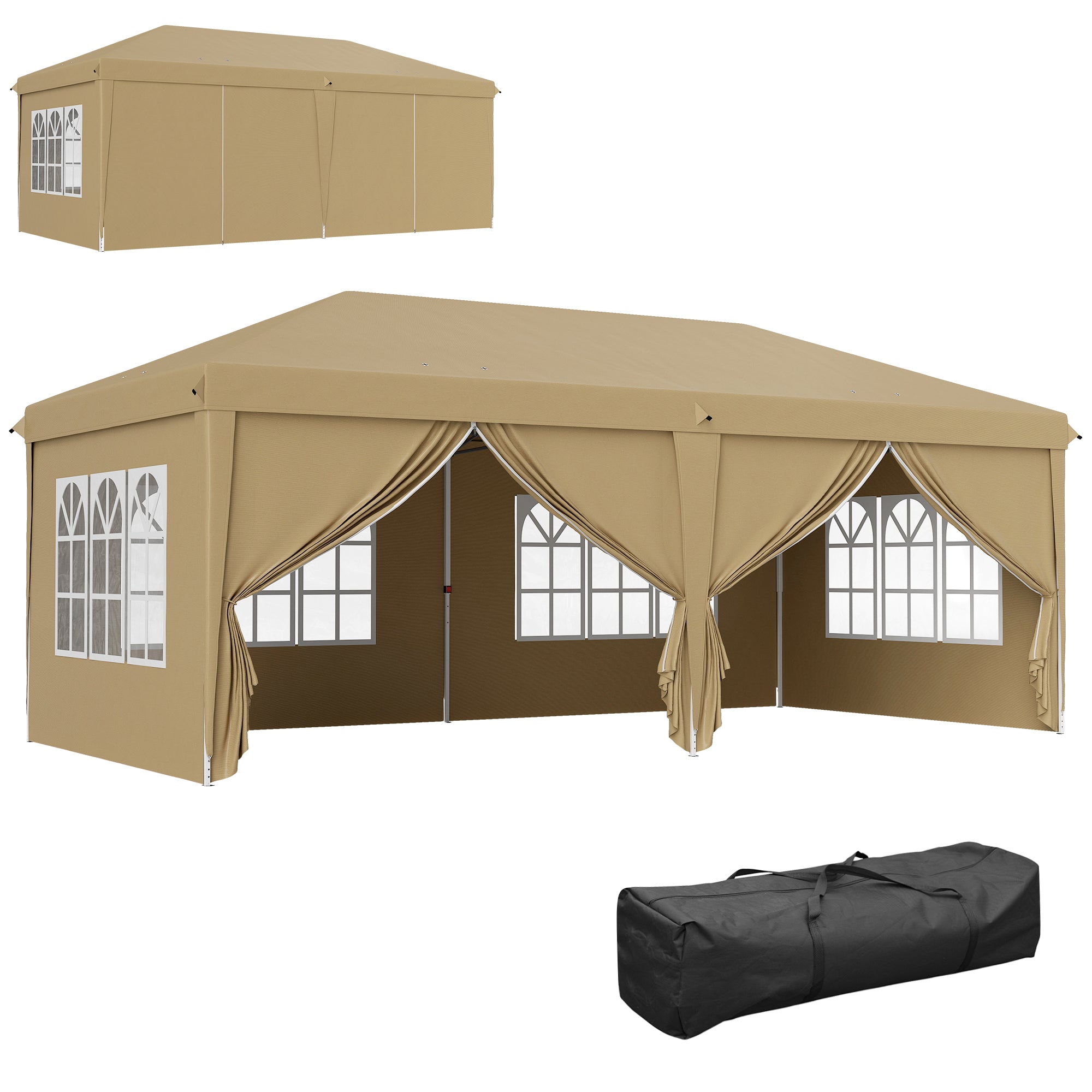 Folding Garden Gazebo 6 x 3m Outdoor Folding Canopy Pop-up Gazebo Waterproof 4 Removable Side Walls 4 Windows + Khaki Carry Bag