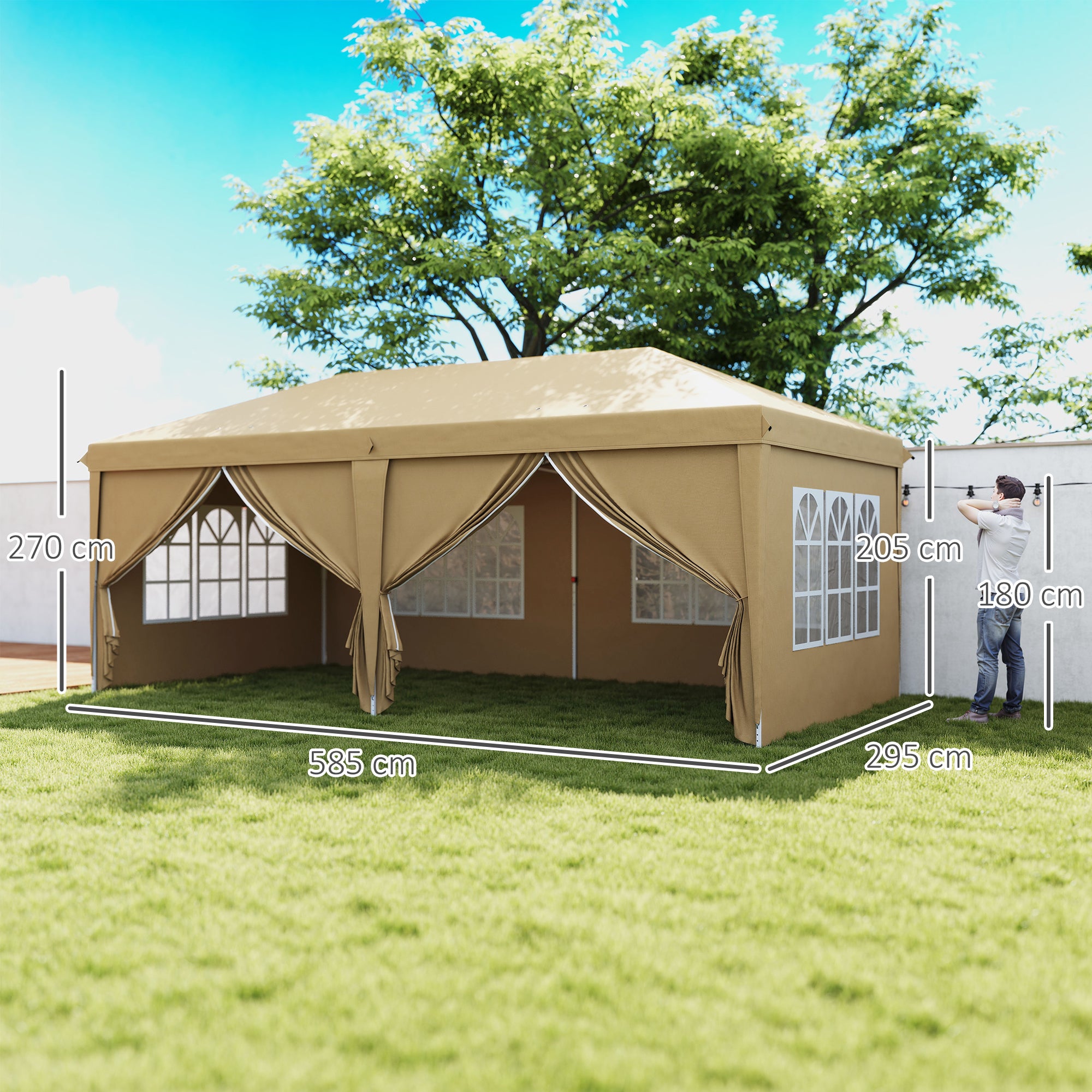 Folding Garden Gazebo 6 x 3m Outdoor Folding Canopy Pop-up Gazebo Waterproof 4 Removable Side Walls 4 Windows + Khaki Carry Bag