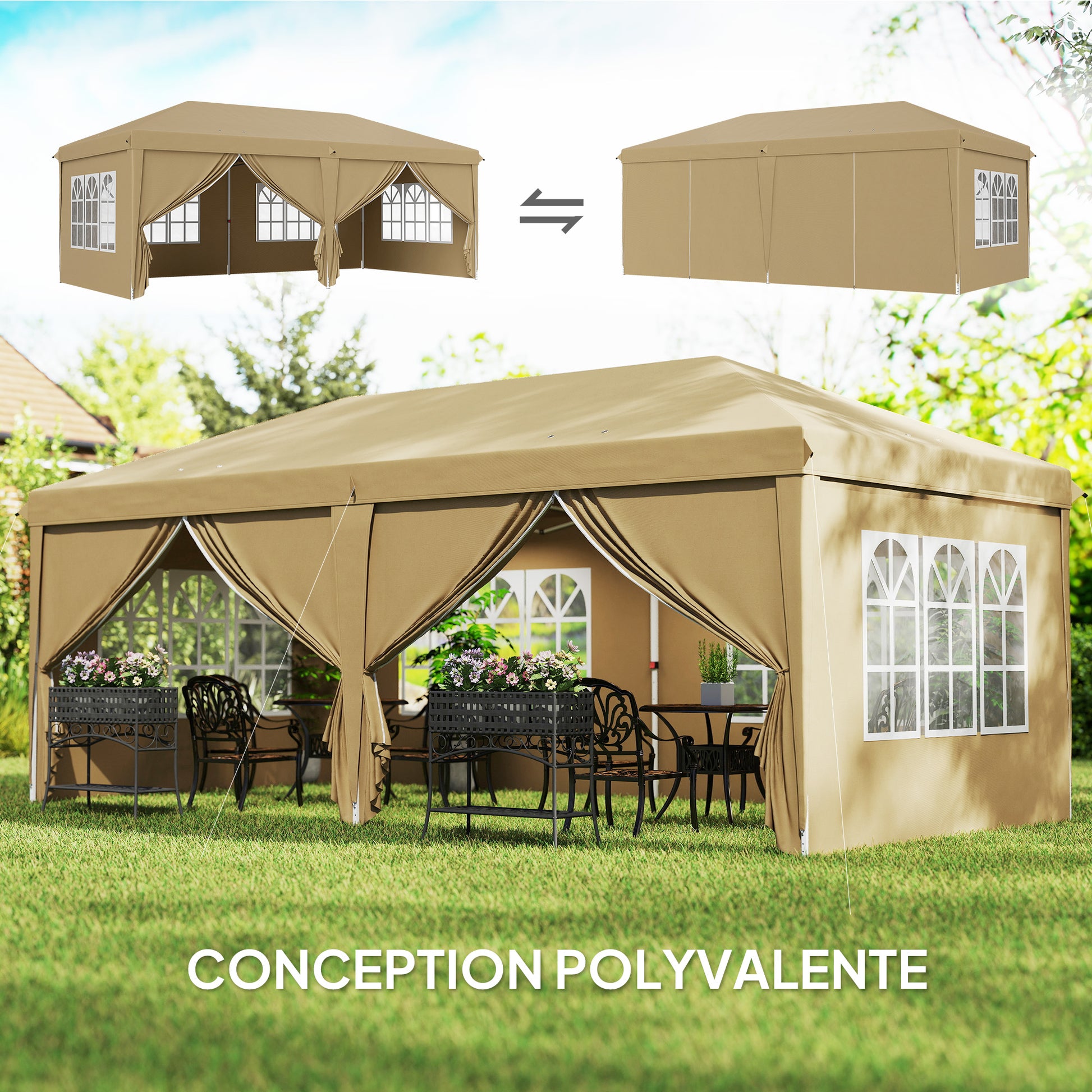 Folding Garden Gazebo 6 x 3m Outdoor Folding Canopy Pop-up Gazebo Waterproof 4 Removable Side Walls 4 Windows + Khaki Carry Bag