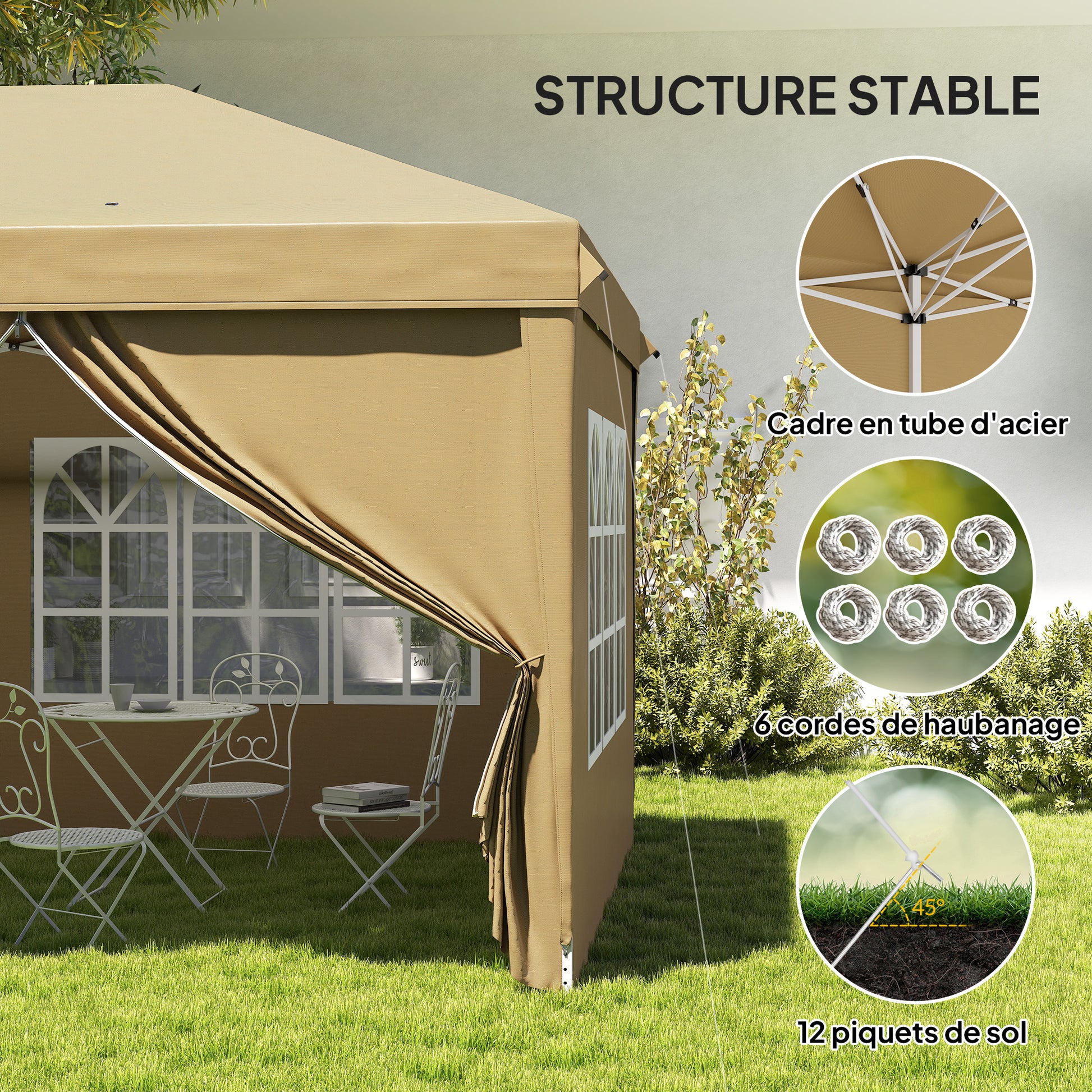 Folding Garden Gazebo 6 x 3m Outdoor Folding Canopy Pop-up Gazebo Waterproof 4 Removable Side Walls 4 Windows + Khaki Carry Bag