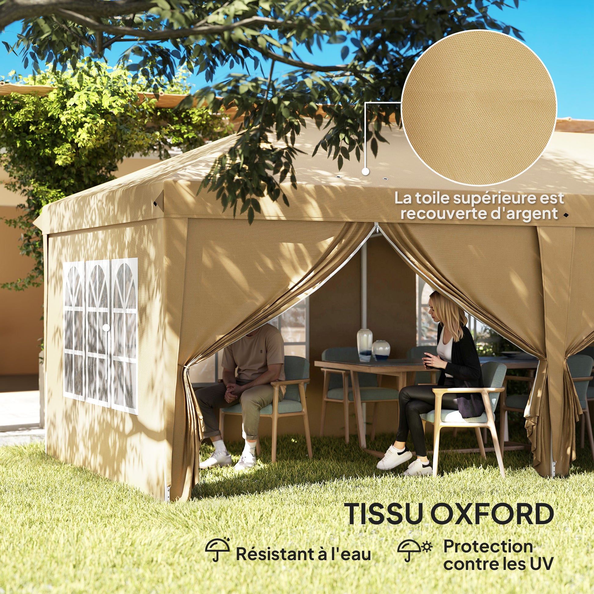 Folding Garden Gazebo 6 x 3m Outdoor Folding Canopy Pop-up Gazebo Waterproof 4 Removable Side Walls 4 Windows + Khaki Carry Bag