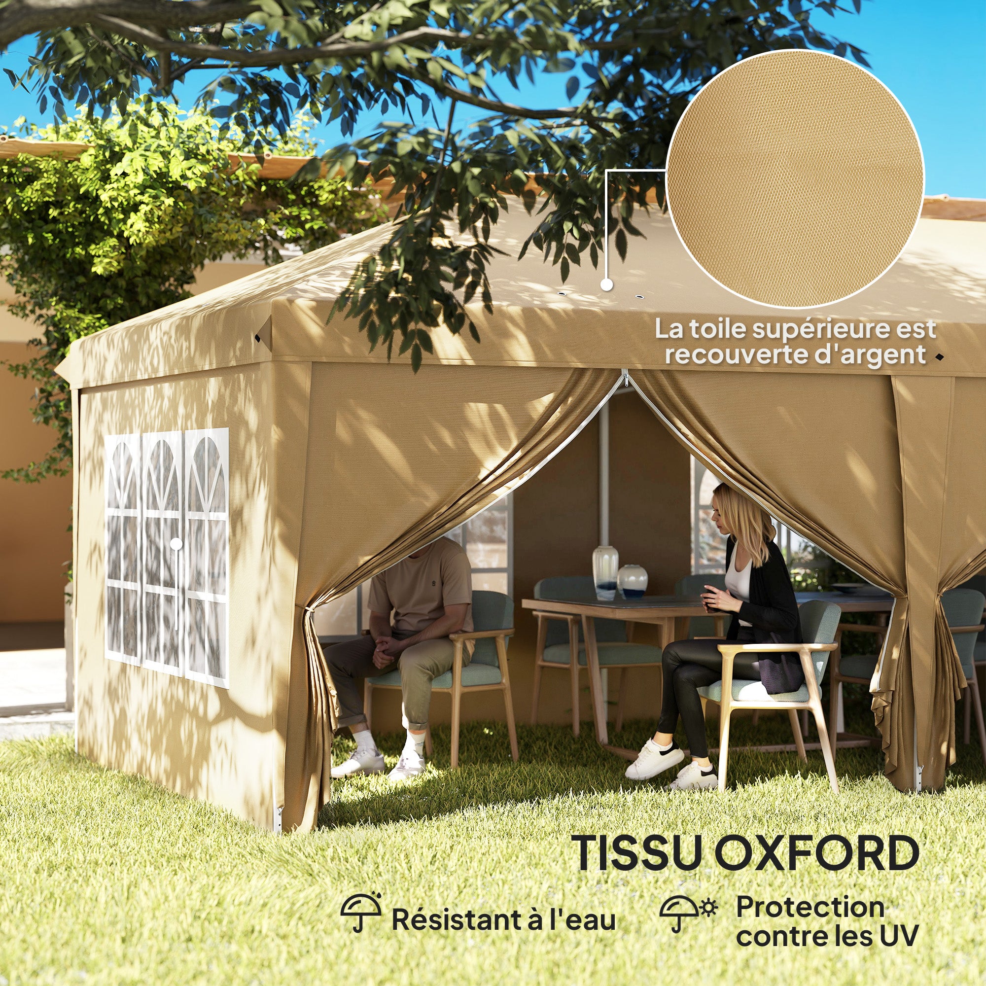 Folding Garden Gazebo 6 x 3m Outdoor Folding Canopy Pop-up Gazebo Waterproof 4 Removable Side Walls 4 Windows + Khaki Carry Bag