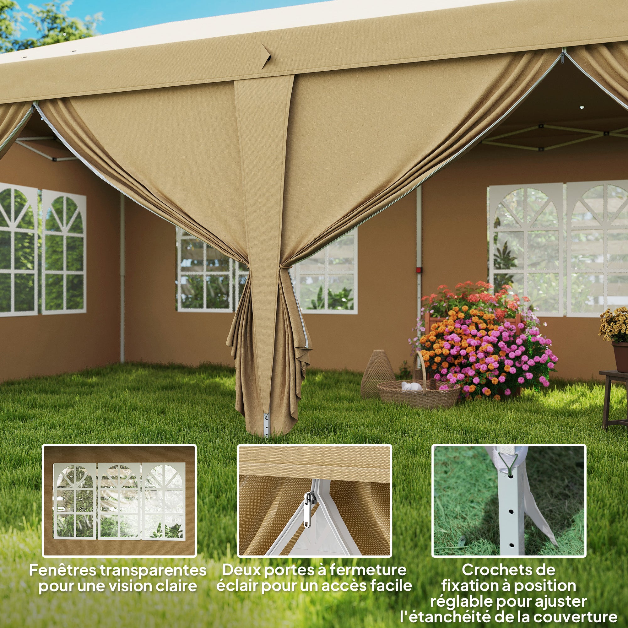 Folding Garden Gazebo 6 x 3m Outdoor Folding Canopy Pop-up Gazebo Waterproof 4 Removable Side Walls 4 Windows + Khaki Carry Bag