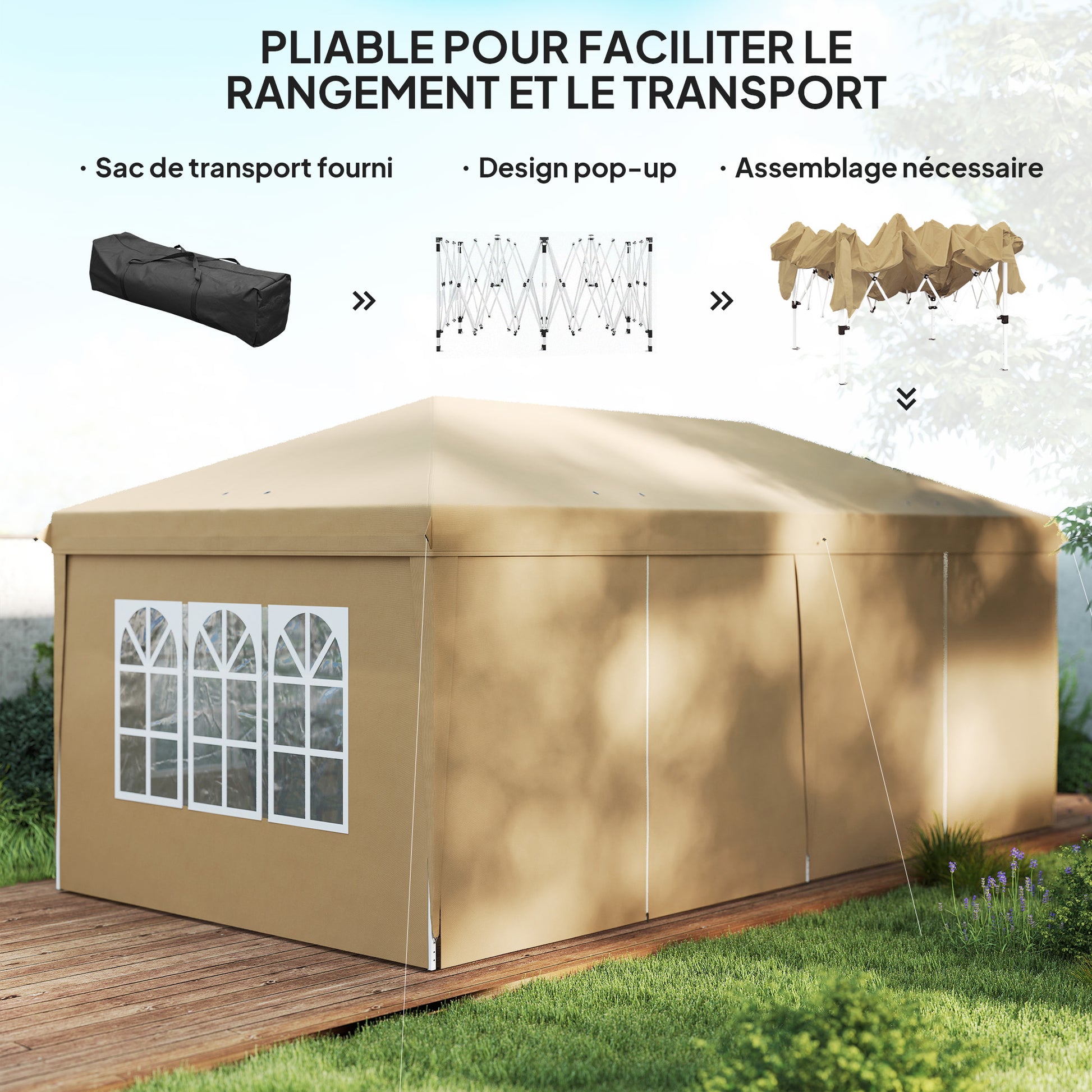 Folding Garden Gazebo 6 x 3m Outdoor Folding Canopy Pop-up Gazebo Waterproof 4 Removable Side Walls 4 Windows + Khaki Carry Bag