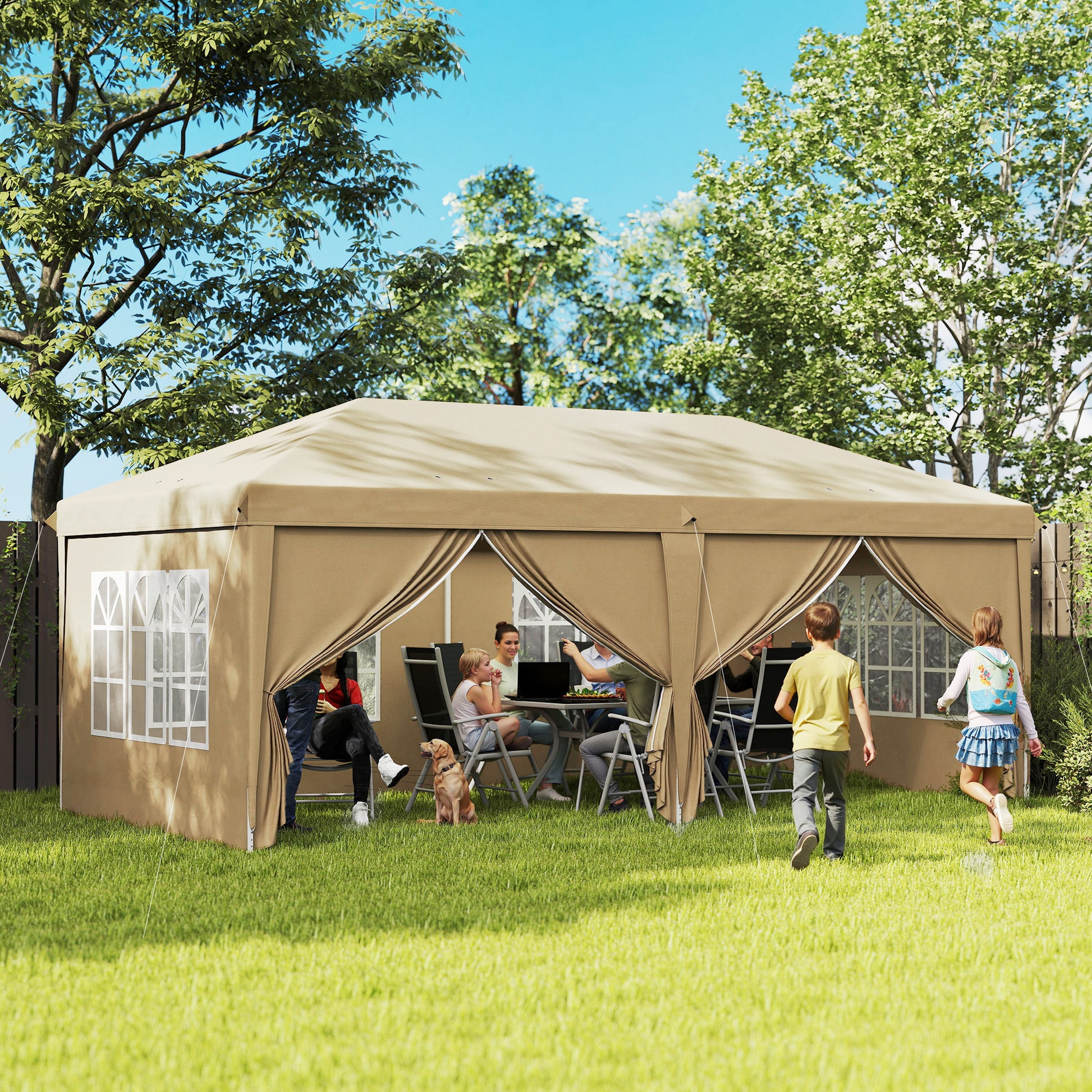 Folding Garden Gazebo 6 x 3m Outdoor Folding Canopy Pop-up Gazebo Waterproof 4 Removable Side Walls 4 Windows + Khaki Carry Bag
