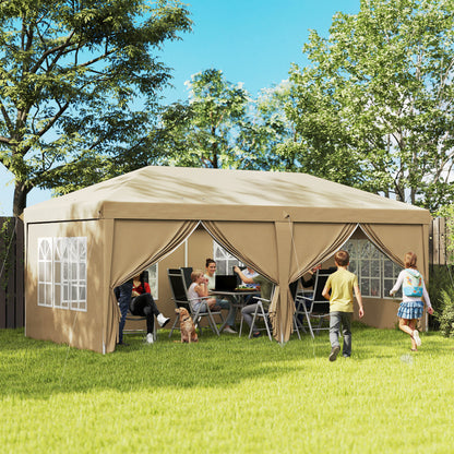Folding Garden Gazebo 6 x 3m Outdoor Folding Canopy Pop-up Gazebo Waterproof 4 Removable Side Walls 4 Windows + Khaki Carry Bag
