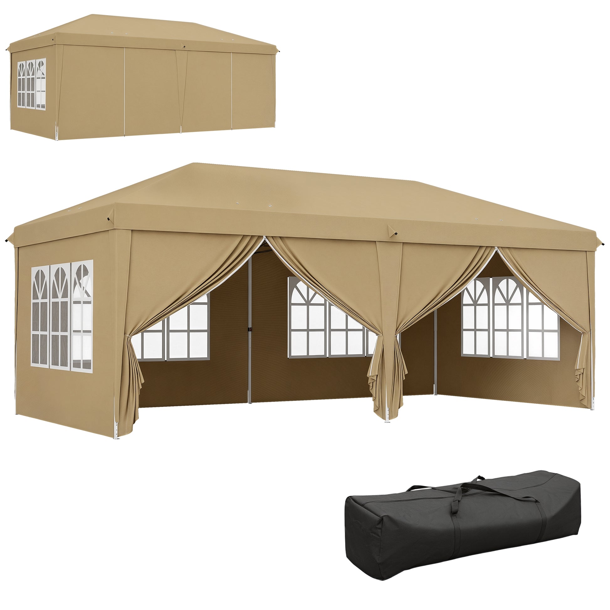 Folding Garden Gazebo 6 x 3m Outdoor Folding Canopy Pop-up Gazebo Waterproof 4 Removable Side Walls 4 Windows + Khaki Carry Bag