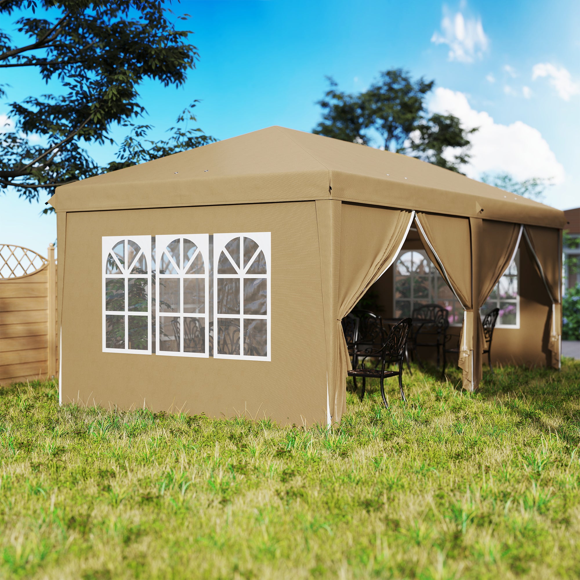 Folding Garden Gazebo 6 x 3m Outdoor Folding Canopy Pop-up Gazebo Waterproof 4 Removable Side Walls 4 Windows + Khaki Carry Bag