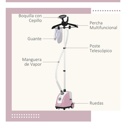 1.4L Tank Steam Iron with Adjustable Temperature at 11 Levels Vertical Ironing Center 1800W 26x21.5x146 cm Pink