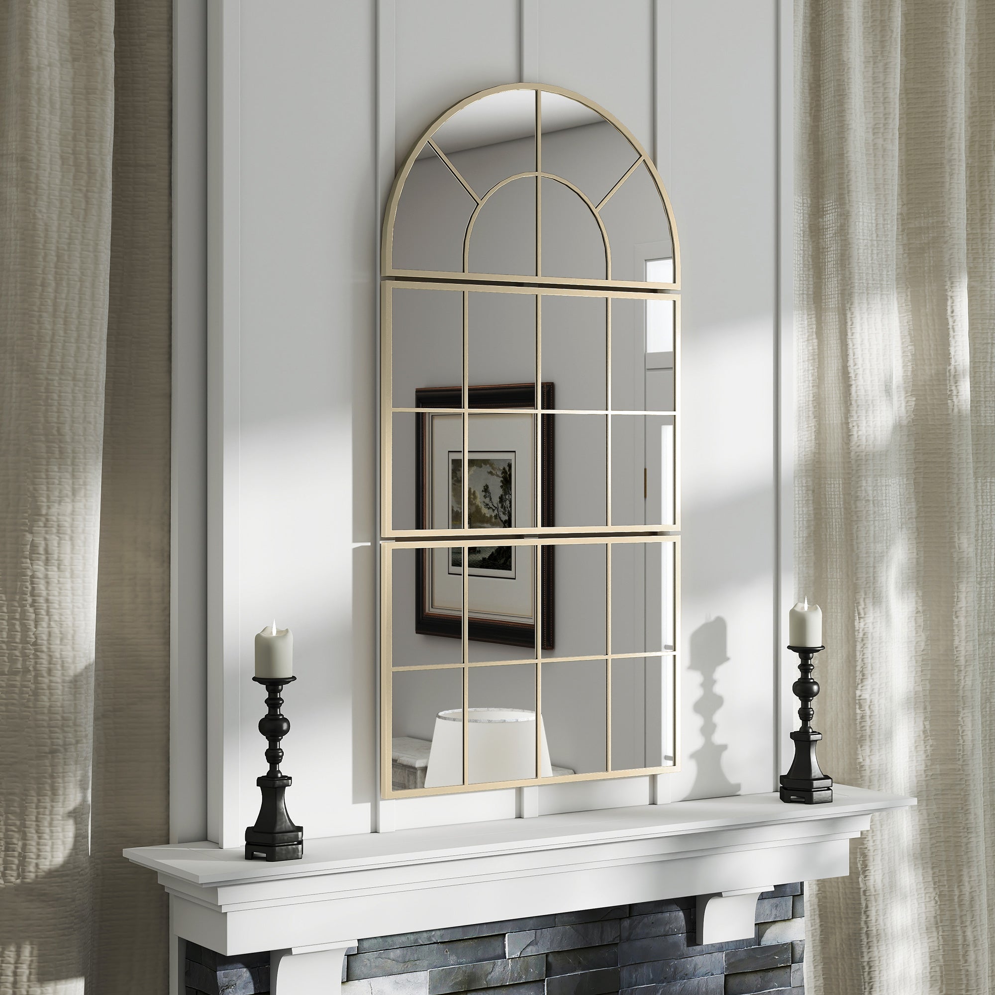 3-Piece Arched Window Wall Mirror, Gold Metal Frame — 30 x 59 in (76 x 150 cm)