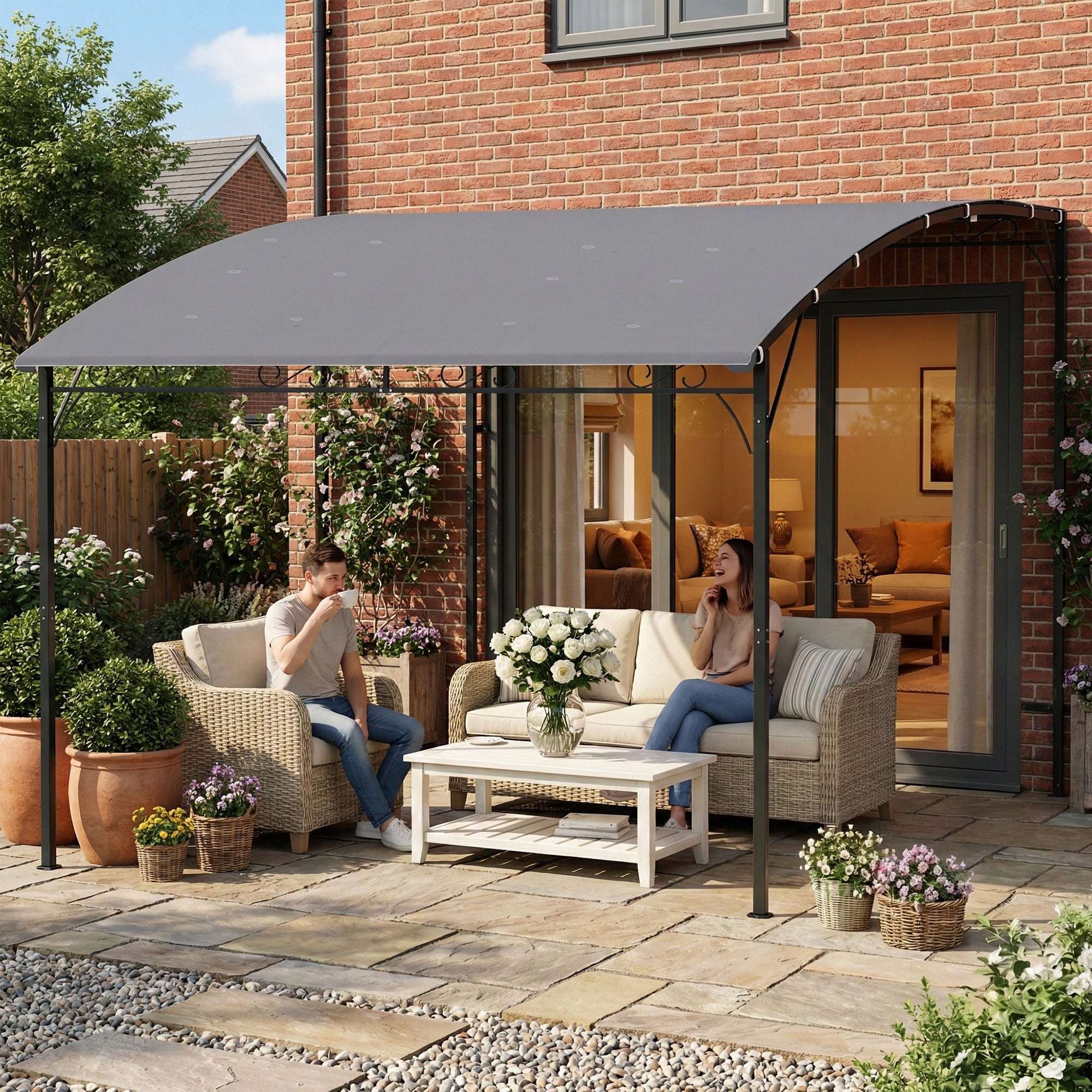 Wall-Mounted Garden Pergola, 12 ft 7 in x 9 ft 5 in — Sloped Drainage Roof, UPF30+ Waterproof Canopy, Powder-Coated Metal Frame, Gray