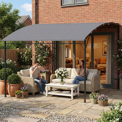 Wall-Mounted Garden Pergola, 12 ft 7 in x 9 ft 5 in — Sloped Drainage Roof, UPF30+ Waterproof Canopy, Powder-Coated Metal Frame, Gray