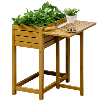 Raised Bed Planter Flower Box with Folding Tabletop, Herb Bed with Fleece Inner Lining, for Garden, Terrace, Wood, Brown, 64 x 63 x 74.5 cm
