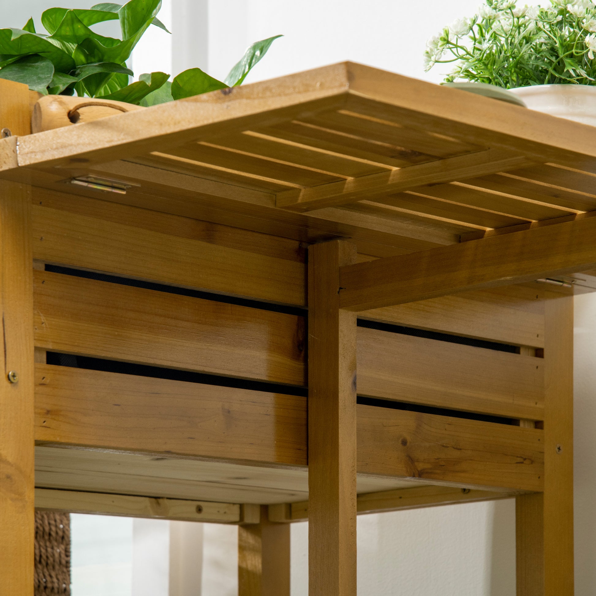 Raised Bed Planter Flower Box with Folding Tabletop, Herb Bed with Fleece Inner Lining, for Garden, Terrace, Wood, Brown, 64 x 63 x 74.5 cm